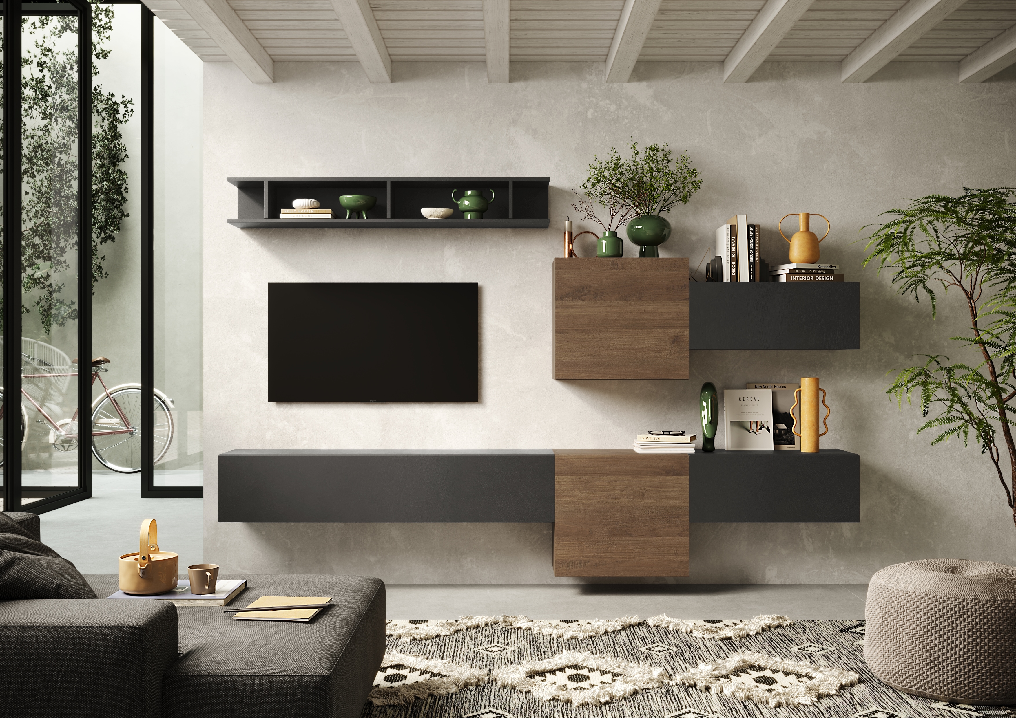 Wohnwand INOSIGN "Infinity, 6tlg. Breite 262 cm, Höhe variabel, Schrankwand, Anbauwand", braun (lava, mercure nb holzstruktur), B:262cm H:185cm T:30cm, Holzwerkstoff, Kastenmöbel-Sets, (Lowboard hängend, 2x Hängeschrank, 2x Hängewürfel, Wandregal)