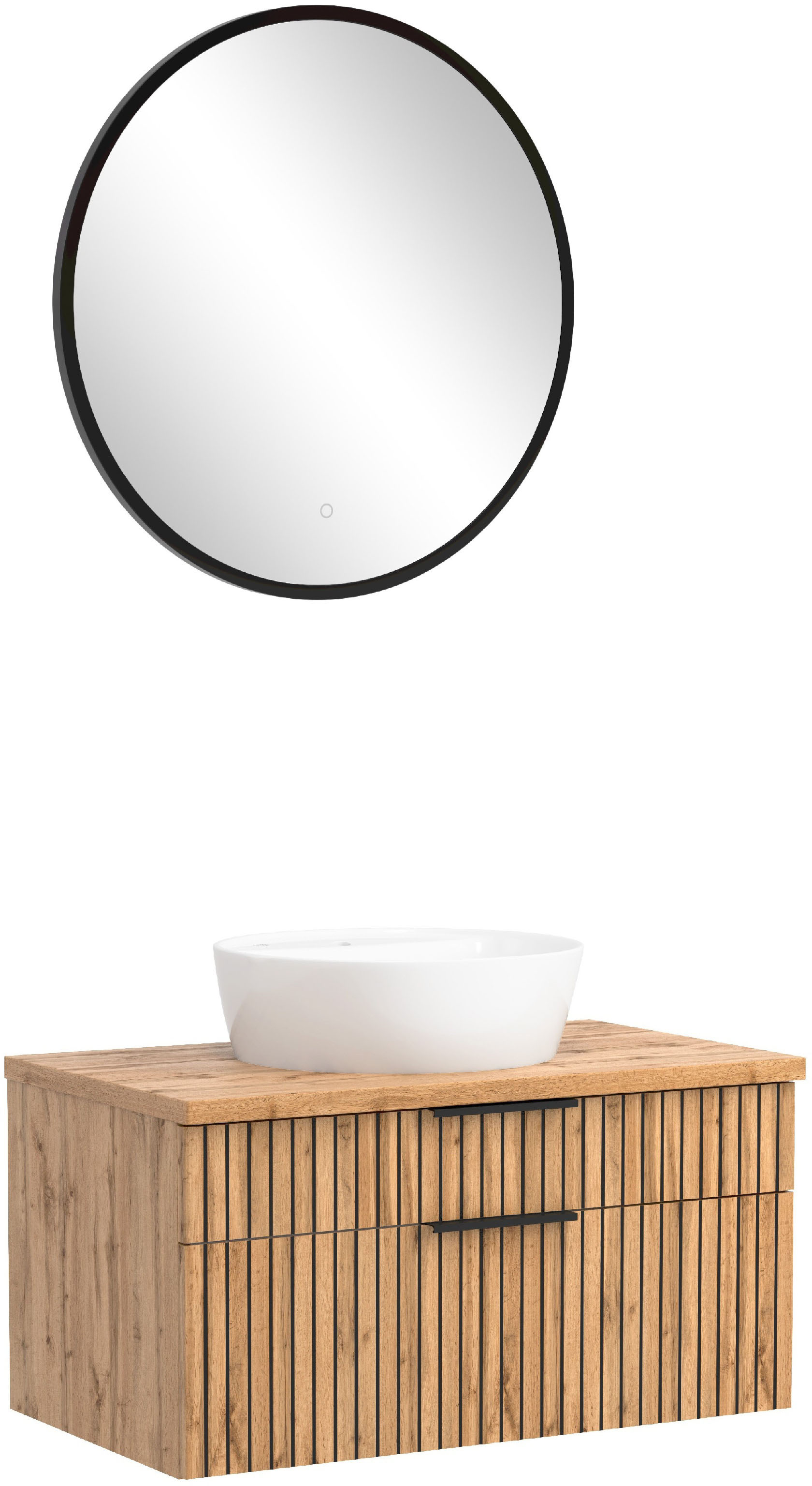 Badmöbel-Set WELLTIME "Welltime, Carlton Waschtisch-Set, 80 oder 120 cm, gestreift", schwarz (wotnaeiche, schwarz), Set 3: 2tlg. Waschtisch-Set 80cm: Spiegel 60cm und Waschtischmit weißem Aufsatzbecken, Spanplatte, Kastenmöbel-Sets, Badmöbel-Set