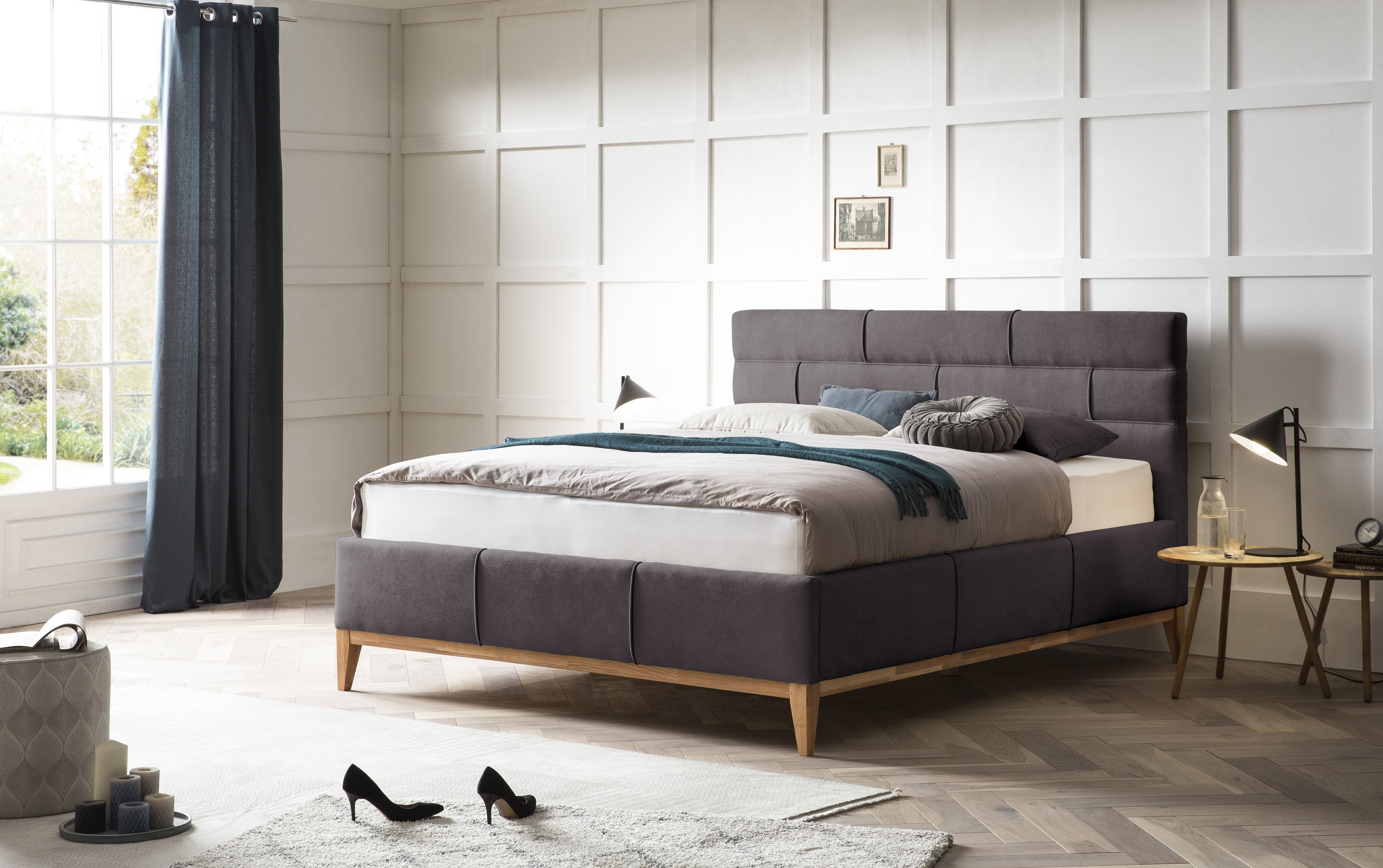 Polsterbett HOME AFFAIRE "Balaine", schwarz (charcoal), B:158cm H:120cm L:218cm, Betten, Polsterbett, mit Lattenrost, Bettkasten, auch mit 7-Zonen-Taschenfederkernmatratze