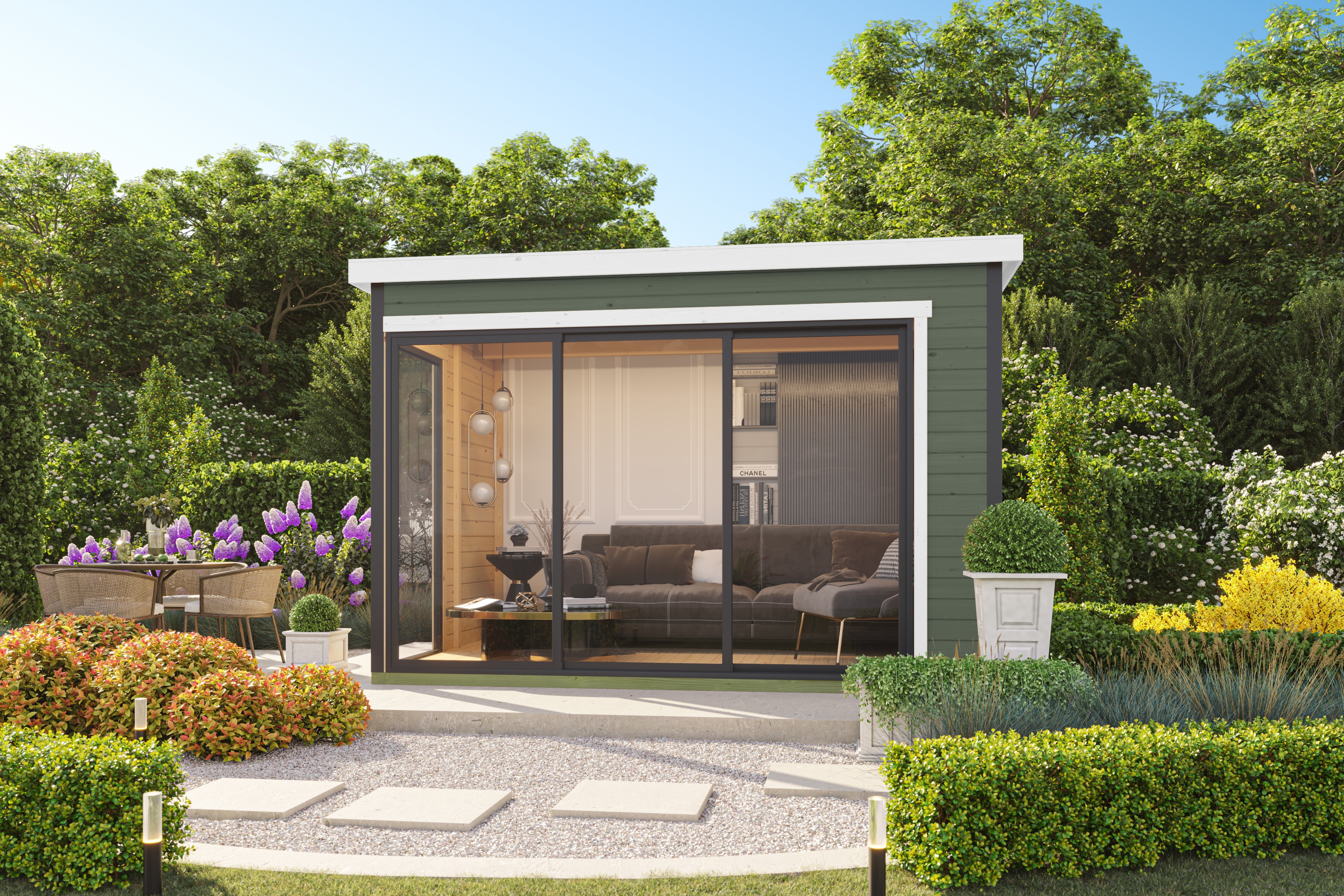 Gartenhaus NORDIC HOLZ "AUSTIN 5", grün (grüngrau), Fußboden im Gartenhaus, Massivholzdach, Holz, Gartenhäuser, Gartenhaus