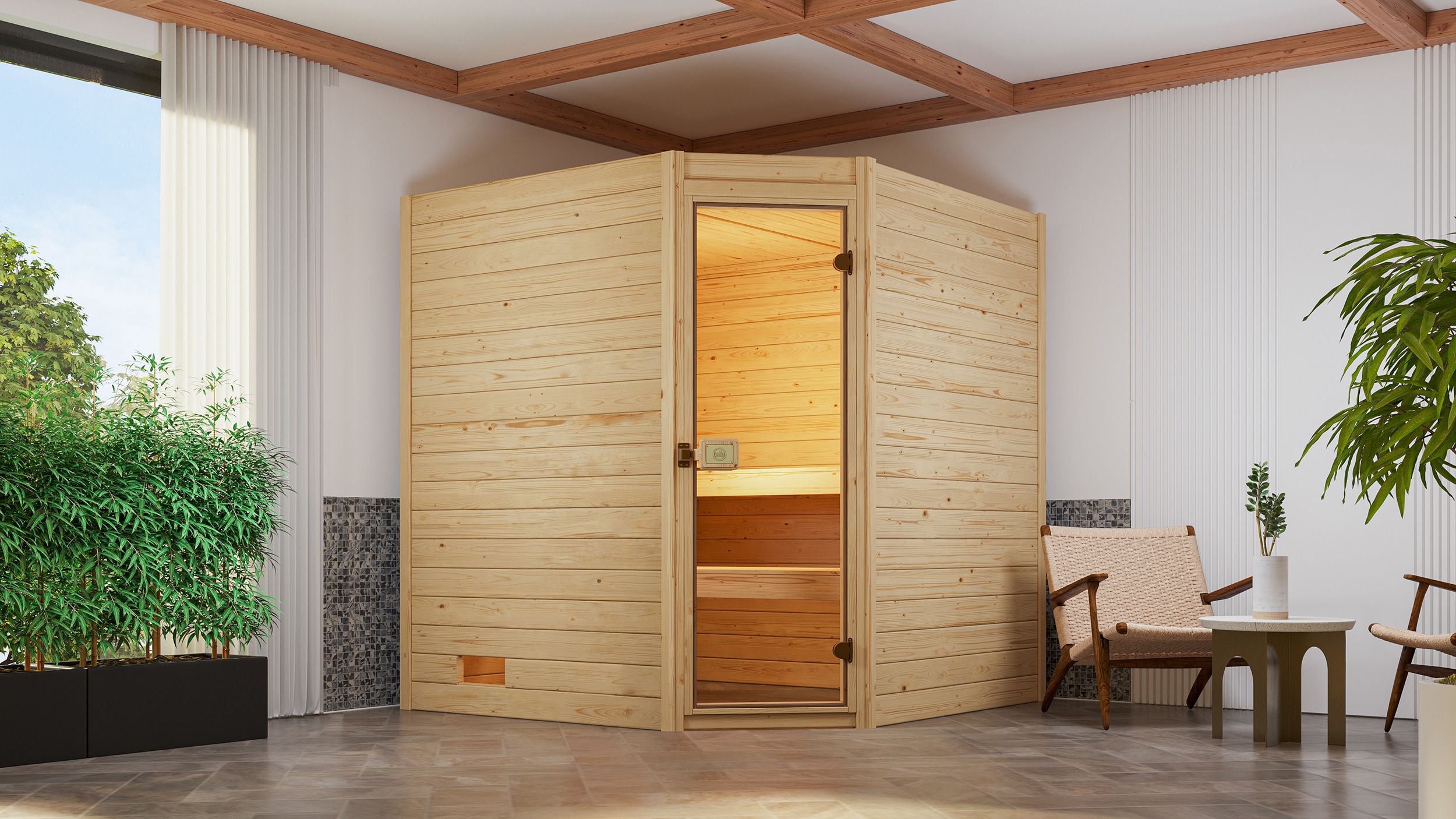 Sauna WEKA "Massivholzsauna VALIDA Eck 2", beige (natur), Saunaofen, integrierte Steuerung, 5,4 kW, Saunen, Blockbohlen, Eckeinstieg, moderne Ganzglastür