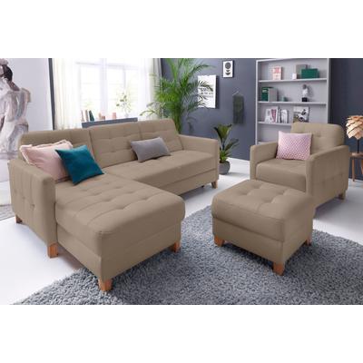 Ecksofa EXXPO - SOFA FASHION "Elio, kompakt und komfortabel, bequem und zeitloses Design, L-Form", braun (schlamm), B:217cm H:84cm T:157cm, Luxus-Kunstleder, NaturLEDER (echtes Rindsleder) in Sitz und Rücken. Korpus in passendem Kunstleder SOFTLUX... Image