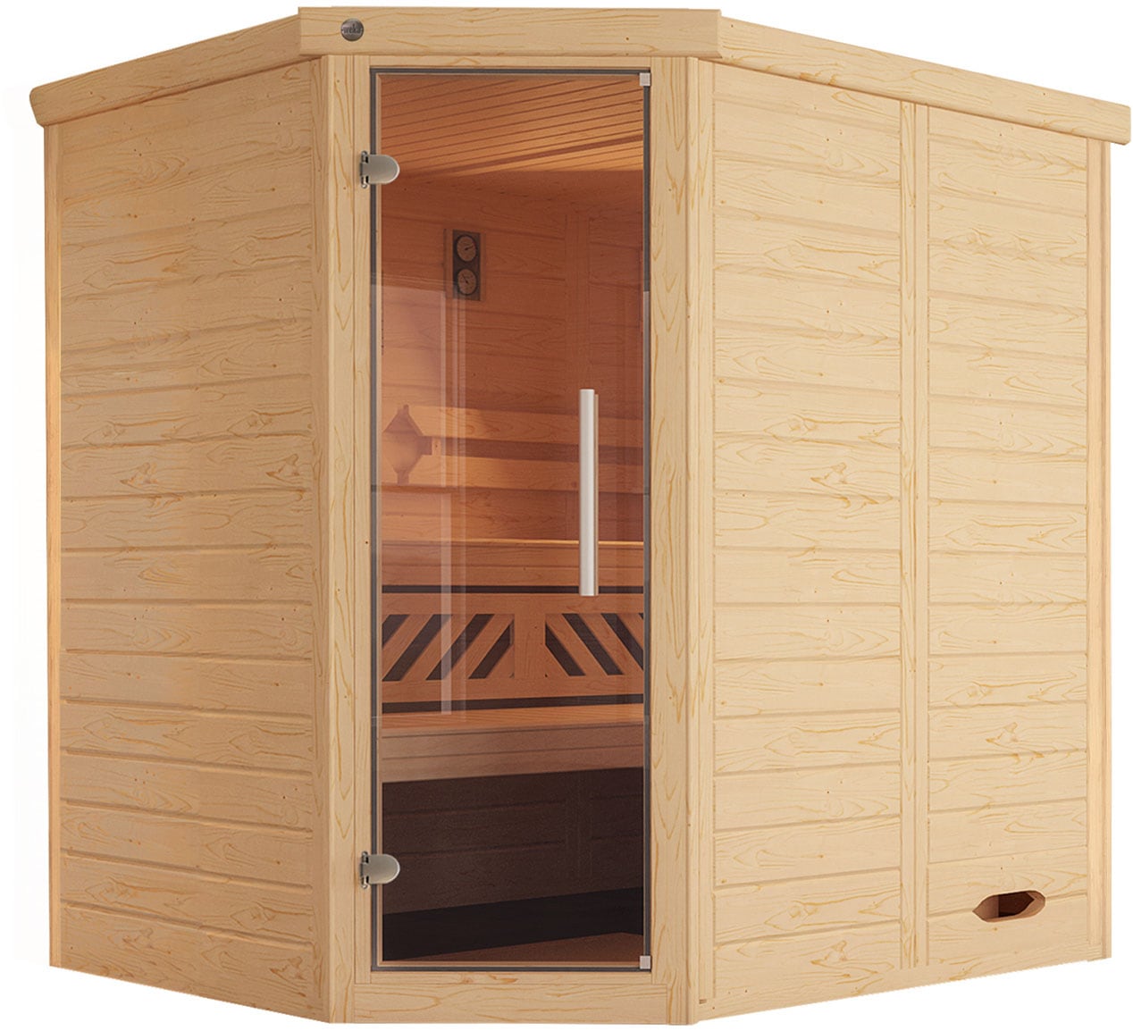 Sauna WEKA "Design-Sauna KEMI", beige (natur), Saunaofen, externe Steuerung, 4,5 kW, Saunen, Blockbohlen, vorgefertigte Elemente, moderne Ganzglastür
