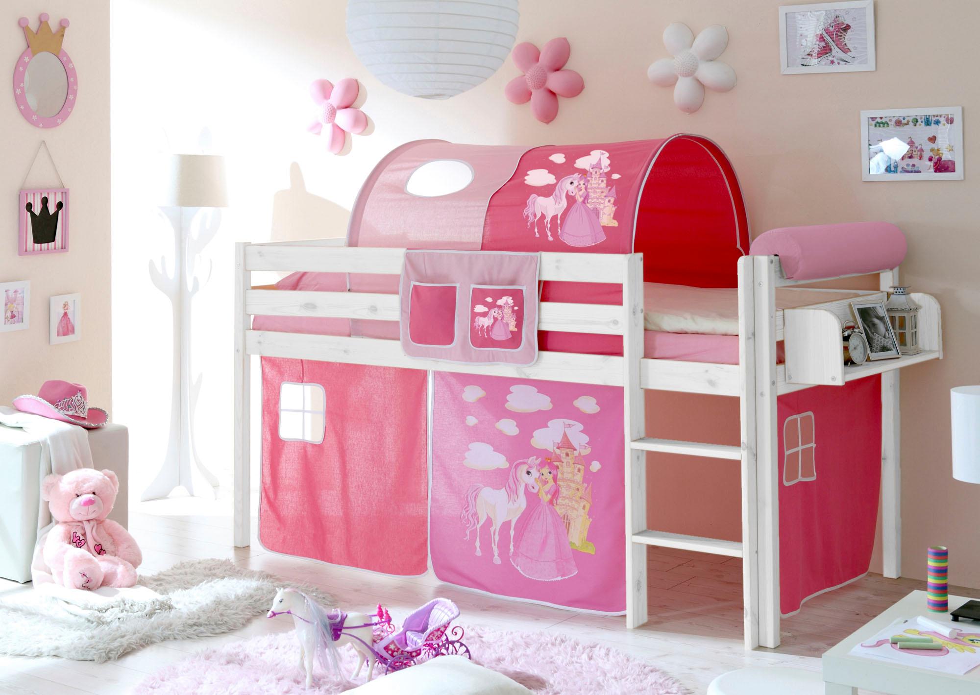 Hochbett TICAA "Malte", rosa (kiefer massiv weiß, prinzessin, pink), B:101cm H:114cm L:205cm, Hochbetten, Hochbett, mit Rollrost und in verschiedenen Ausführungen wahlweise mit Matratze