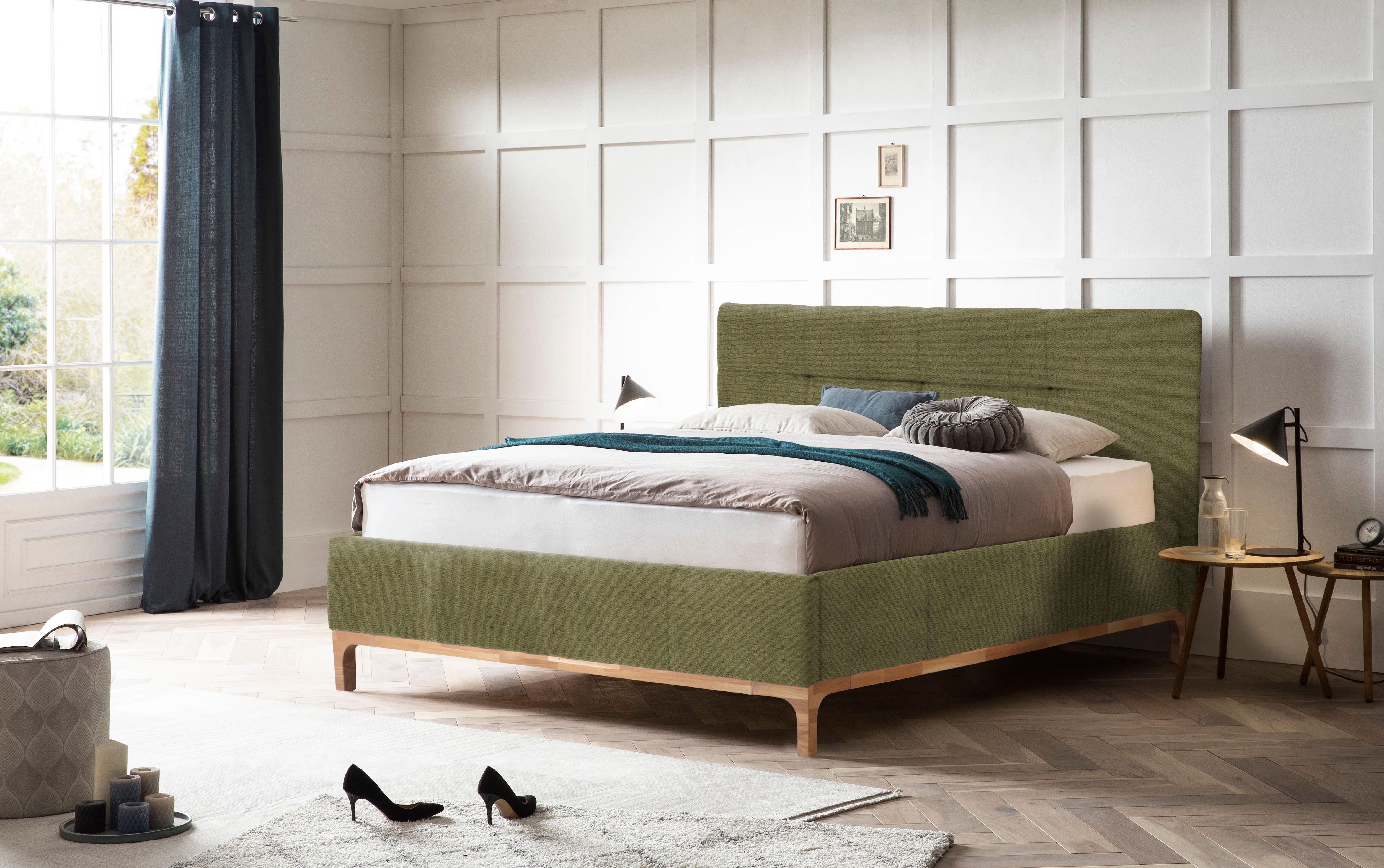 Polsterbett HOME AFFAIRE "Noan", grün (olive), B:198cm H:118cm L:218cm, Betten, Polsterbett, Bettkasten, Lattenrahmen mit Gasdruckfedern, auch mit 7-Zonen-Matratze