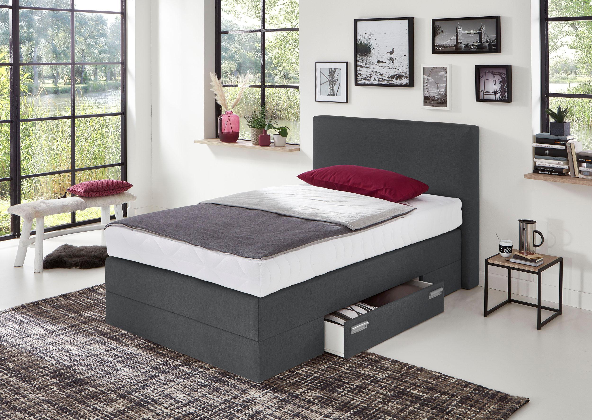 Boxspringbett, grau (strukturstoff anthrazit), Liegefläche B/L: 120cm x 200cm, H3, Bonnell-Federkernmatratze, WESTFALIA SCHLAFKOMFORT, Komplettbetten, Boxspringbett, mit Schubkästen und Zierkissen Image