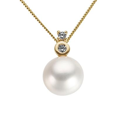 Perlen-Anhänger FIRETTI "Schmuck Geschenk Gold 585 Halsschmuck Anhänger für Halskette Perle", gold (gelbgoldfarben, weiß, gw=getöntes, weiß), Schmuckanhänger, Damen, 0,070 ct P2 = erkennbare Einschlüsse, Gelbgold 585-Perlen-Diamanten, 1,8 g,... Image