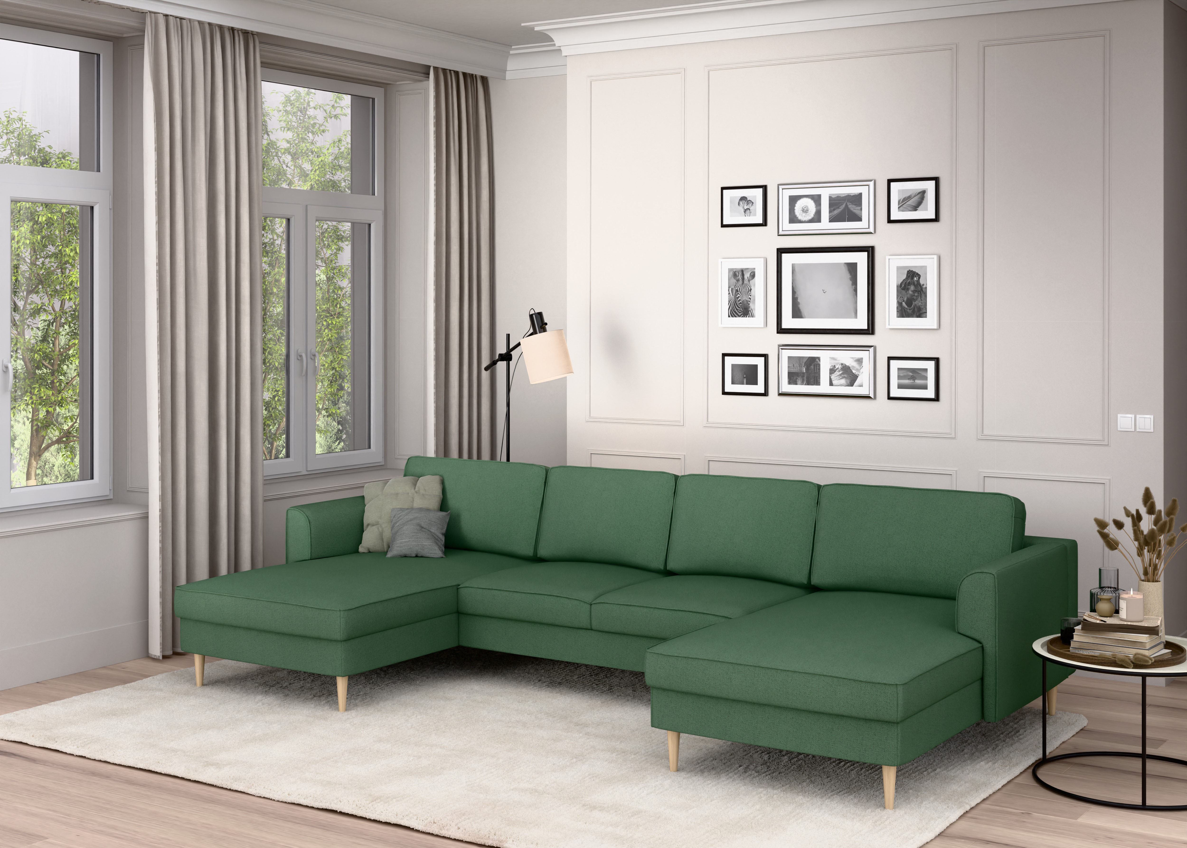 Wohnlandschaft HOME AFFAIRE "Booster, whlw. mit Schlaffunktion & Bettkasten, Fuß Buche lackiert", grün (dunkelgrün), B:305cm H:83cm T:161cm, 100% Polyester, Sofas, Sofa in U-Form, Breite 305 cm