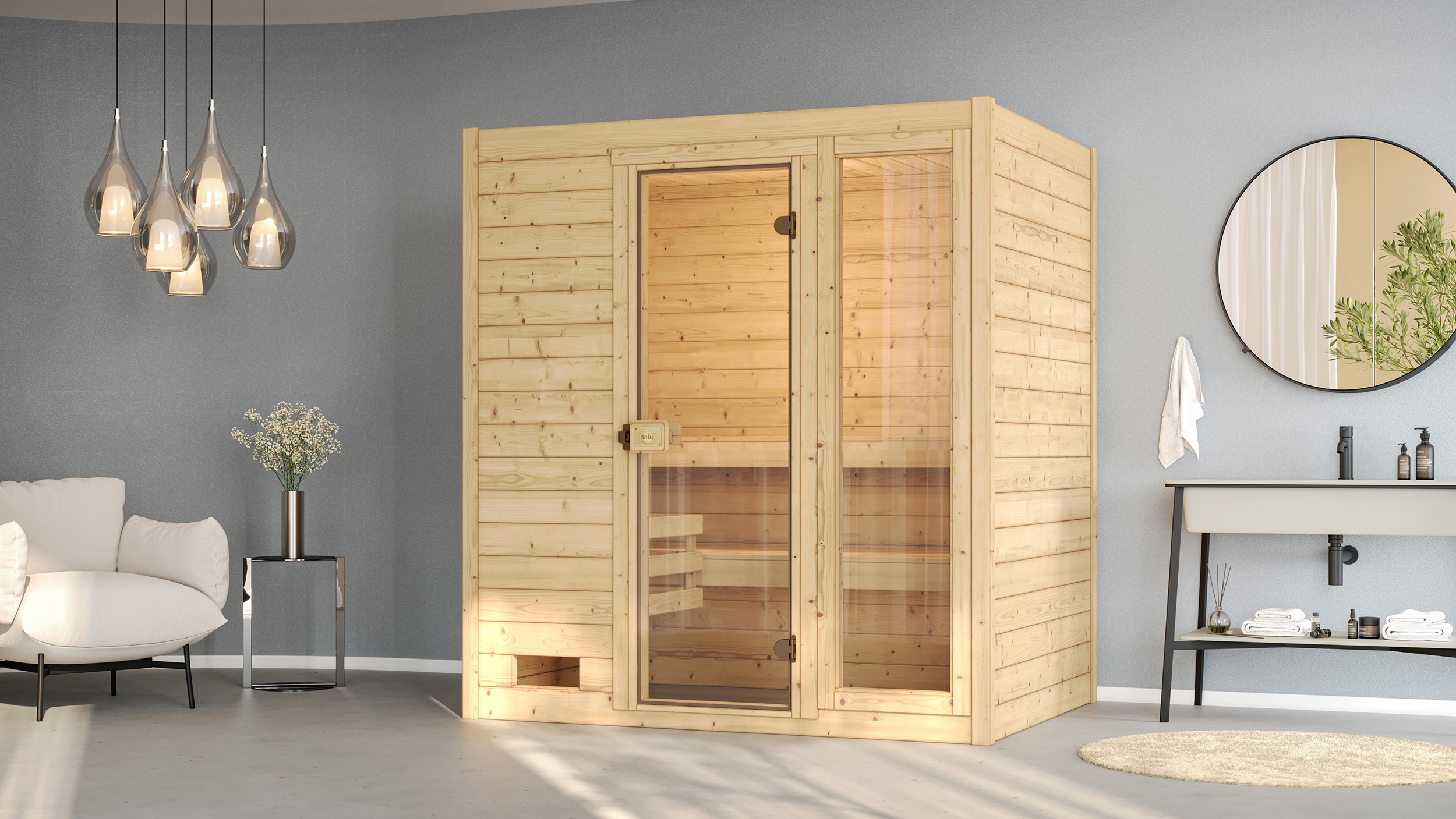 Sauna WEKA "Massivholzsauna VALIDA 2", beige (natur), Saunaofen, integrierte Steuerung, 5,4 kW, Saunen, Blockbohlen, moderne Ganzglastür, Fensterelement