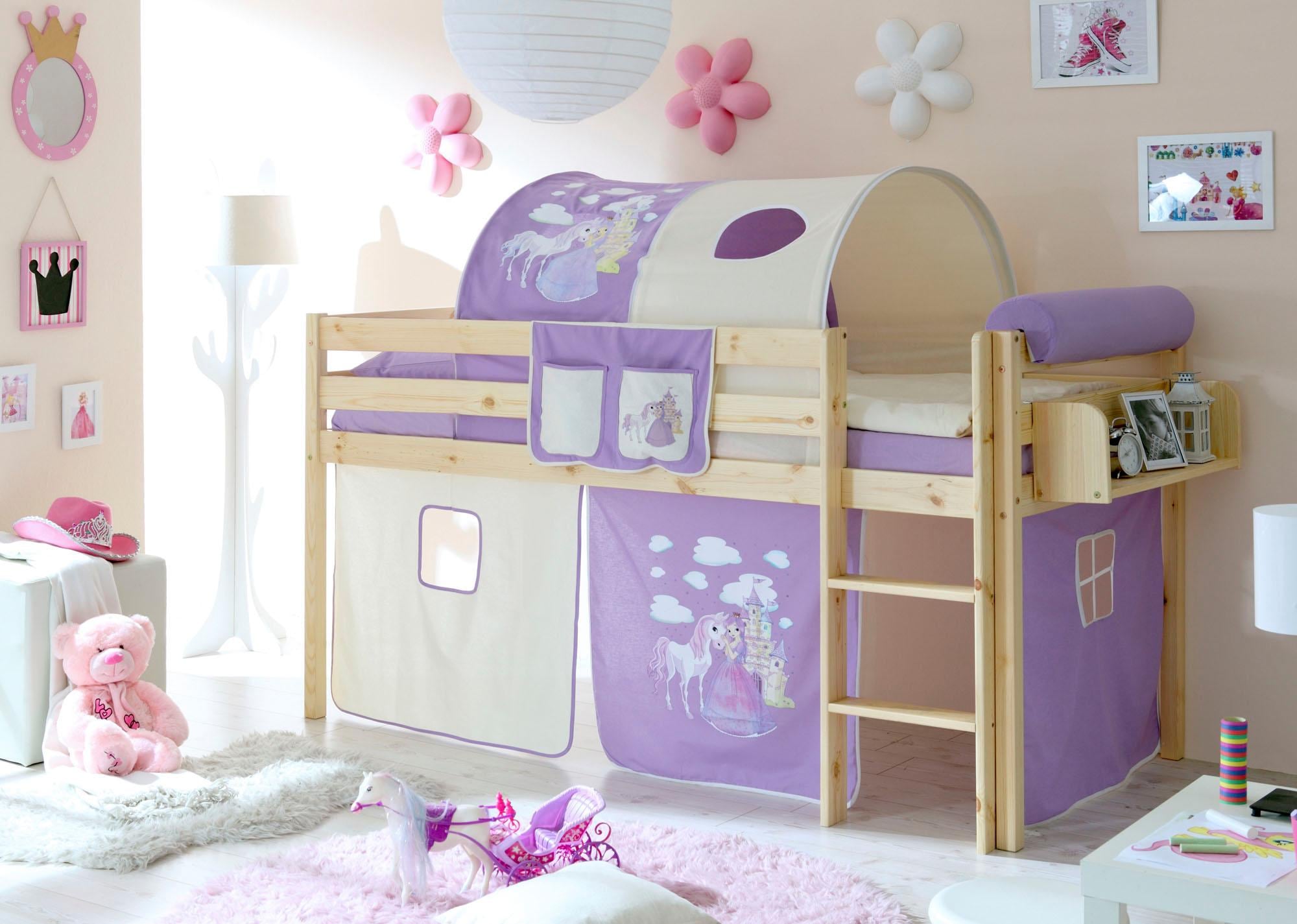 Hochbett TICAA "Malte", lila (kiefer massiv natur, prinzessin, lila), B:101cm H:114cm L:205cm, Hochbetten, Hochbett, mit Rollrost und in verschiedenen Ausführungen wahlweise mit Matratze