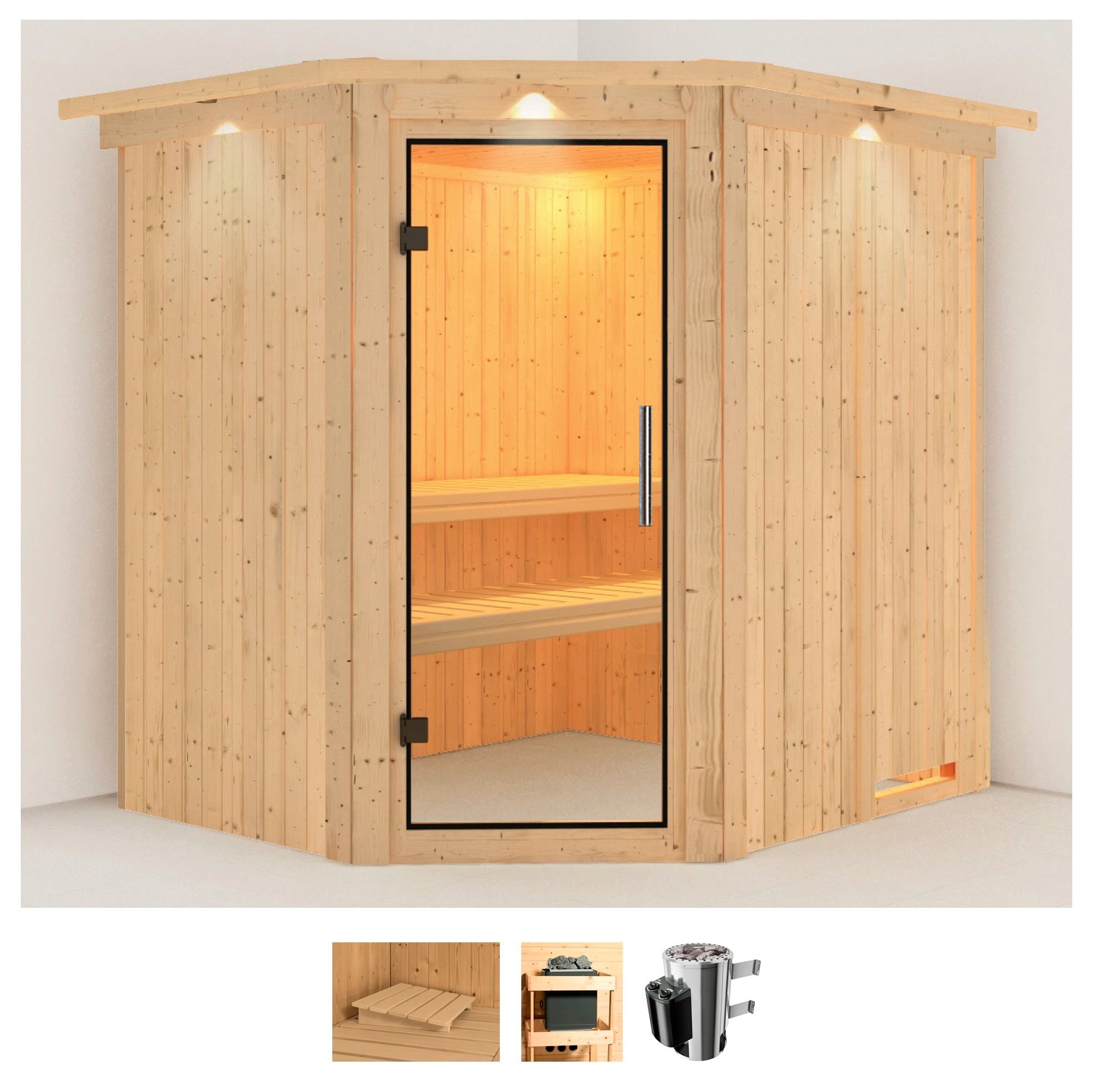 Sauna KARIBU "Laila", beige (naturbelassen), Saunaofen, integrierte Steuerung, 3,6 kW, Saunen, Ofen 3,6 kW intgr. Strg