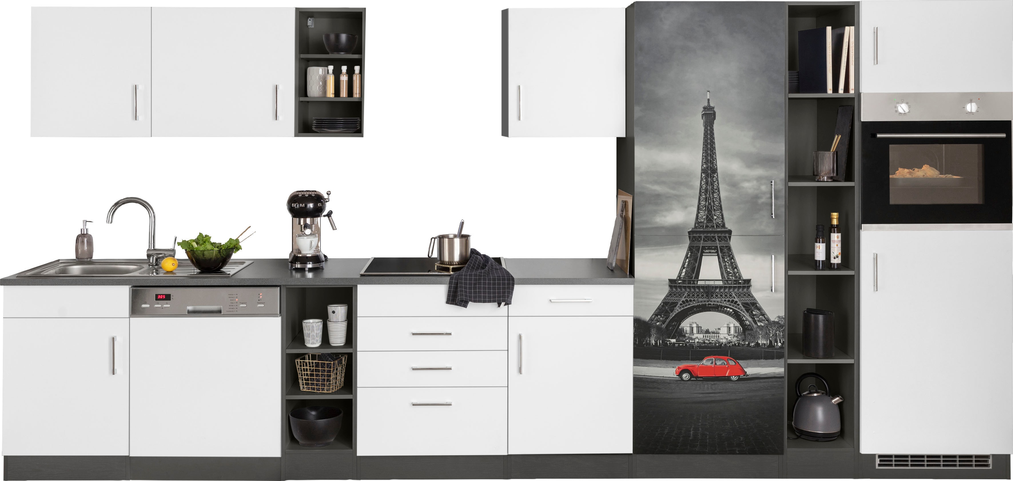 Küchenzeile KOCHSTATION "KS-Paris", weiß (küche: weiß, korpus: grafit, arbeitsplatte: anthrazit), B:400cm T:60cm, Komplettküchen-Sets, ohne E-Geräte, Breite 400 cm Image