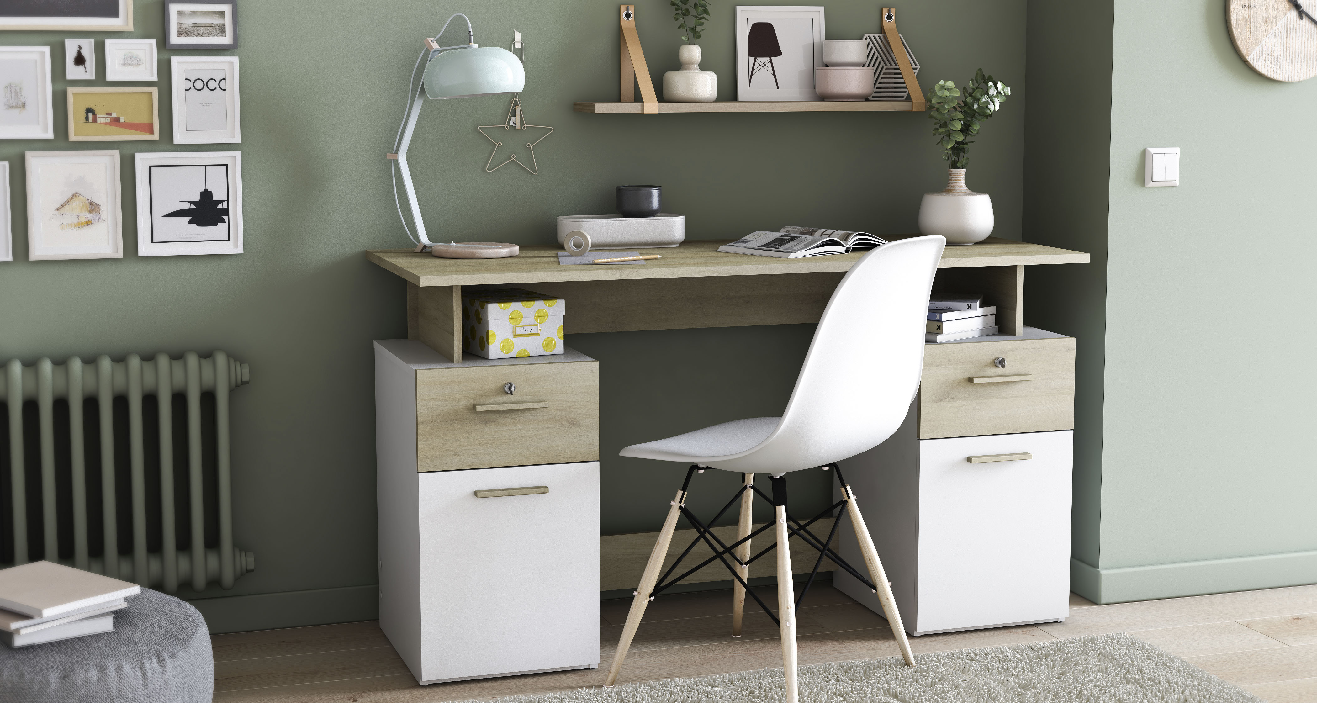 Schreibtisch DEMEYERE GROUP "Platon", weiß (kronberg eich, matt weiß, kronberg eich), B:134,8cm H:76,4cm T:55cm, Tische, Schreibtisch, Schreibtisch mit funktionaler Ausstattung