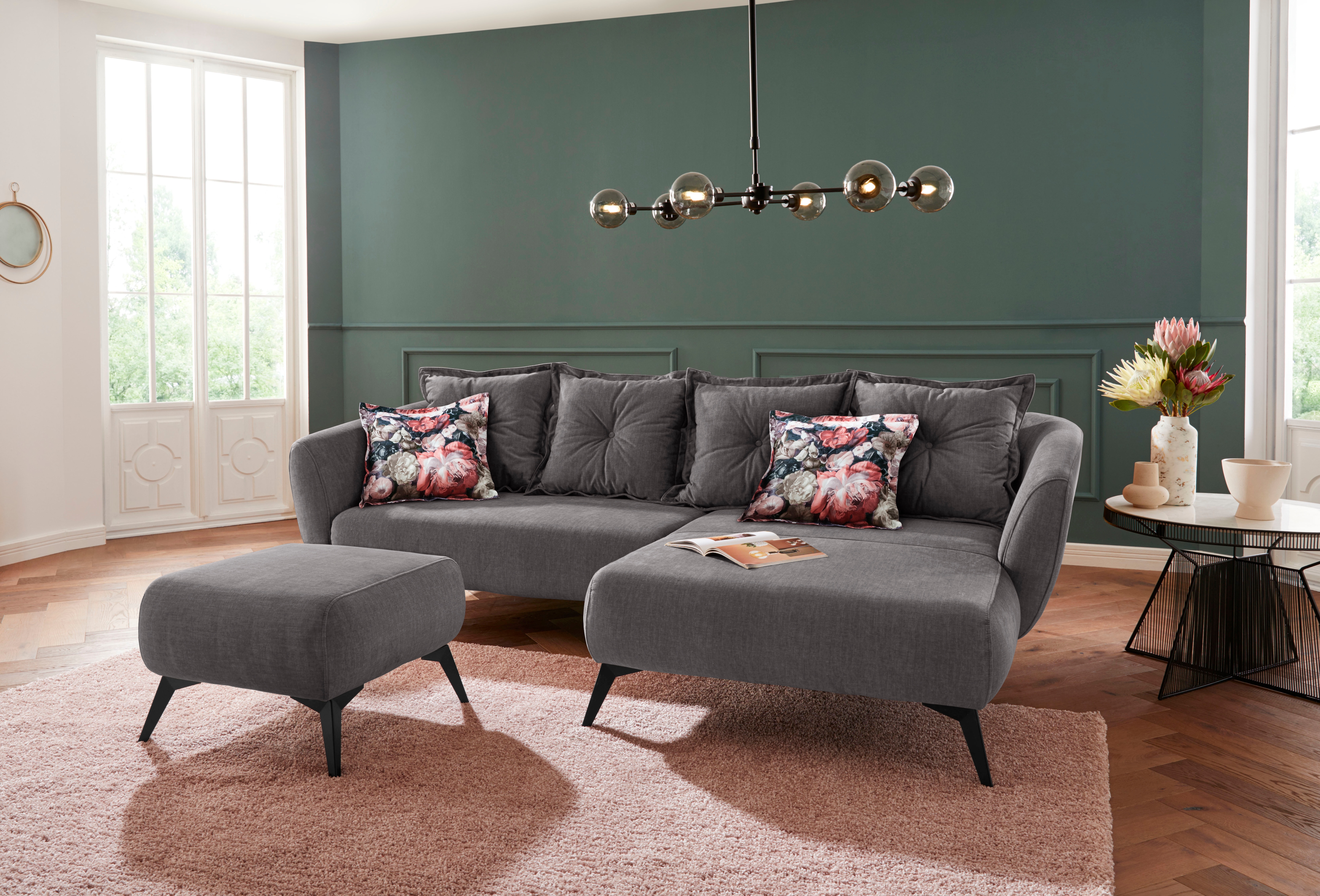 Ecksofa HOME AFFAIRE "Baggio romantische Polsterecke, bequem, Breite 277 cm, L-Form", schwarz (asche), B:277cm H:80cm T:162cm, Sofas, Ecksofa, Zierkissen inklusive, schwarze Metallfüße