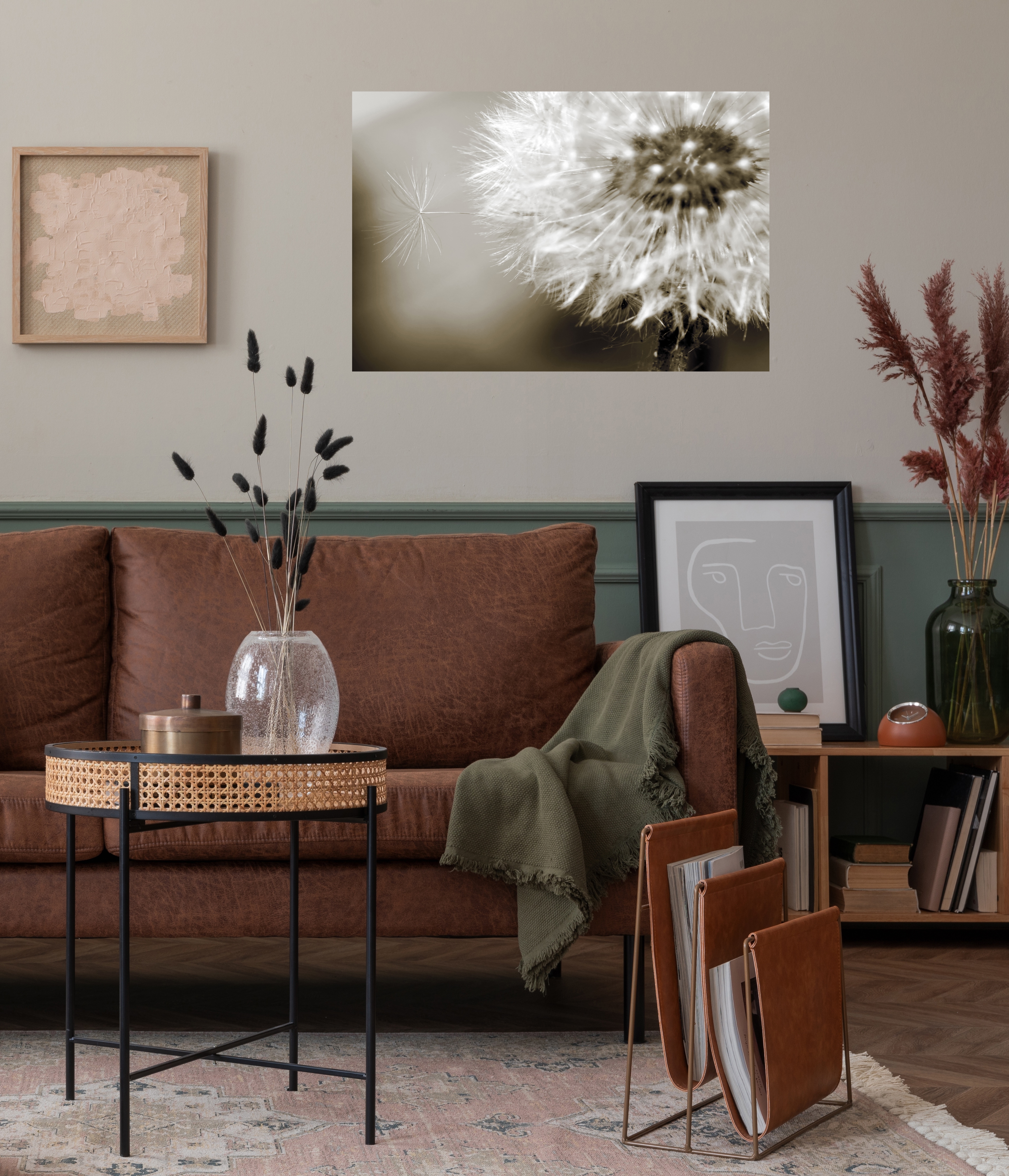 Wandsticker QUEENCE "Lena", braun (sepia), B:90cm H:60cm T:0,1cm, Folie, Wandtattoos, Selbstklebend, kinderleichte Anbringung, Pusteblume, Sticker, beige