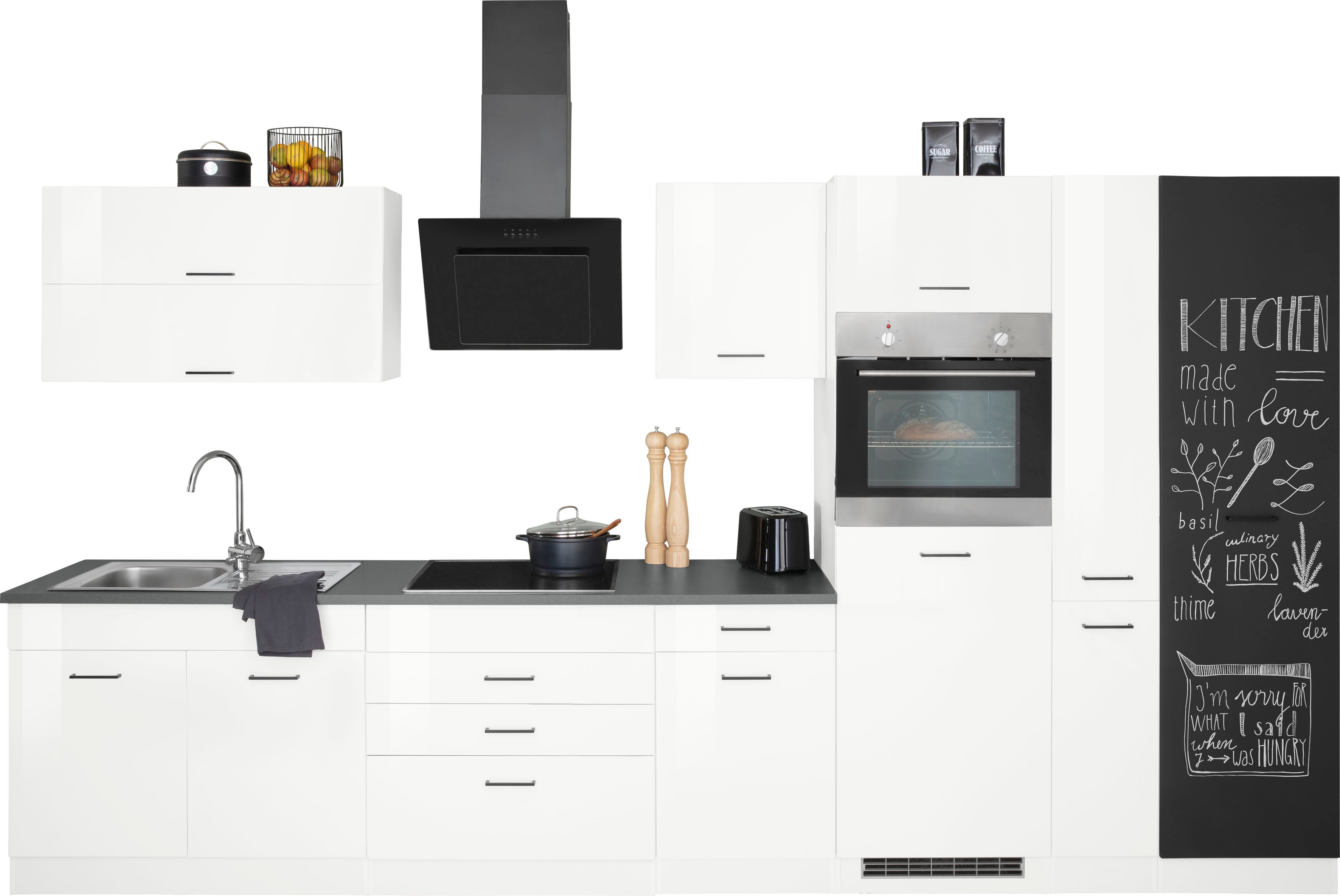 Küchenzeile KOCHSTATION "KS-Trier", weiß (küche: weiß, korpus: weiß, arbeitsplatte: anthrazit), B:370cm T:60cm, Komplettküchen-Sets, Küchenzeile, ohne E-Geräte, Breite 370 cm Image