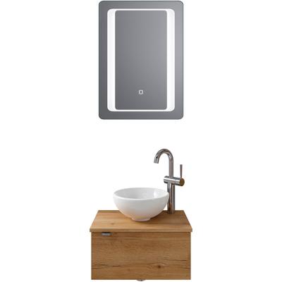 Badmöbel-Set SAPHIR "Serie 6915", braun (halifax eiche, halifax eiche), B:51cm H:200cm T:35cm, Kastenmöbel-Sets, Gäste-Bad, 51 cm breit, mit LED-Spiegel und 1 Tür Image