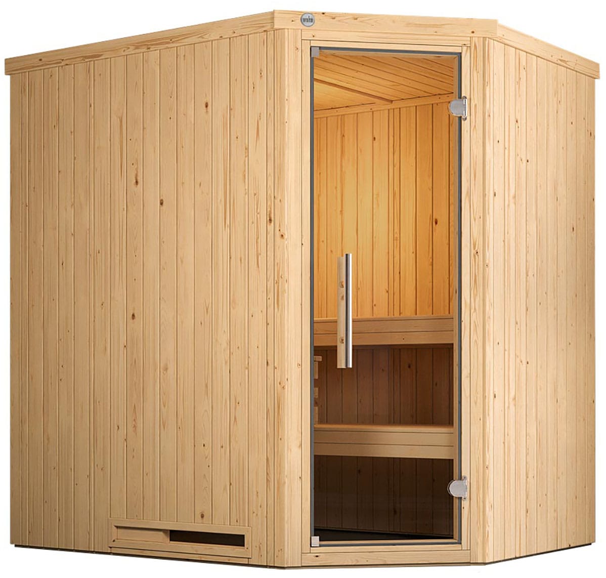 Sauna WEKA "Element-Ecksauna VARBERG 1", beige (natur), Bio-Ofen, externe Steuerung, 4,5 kW, Saunen, vorgefertigte Elemente, moderne Ganzglastür