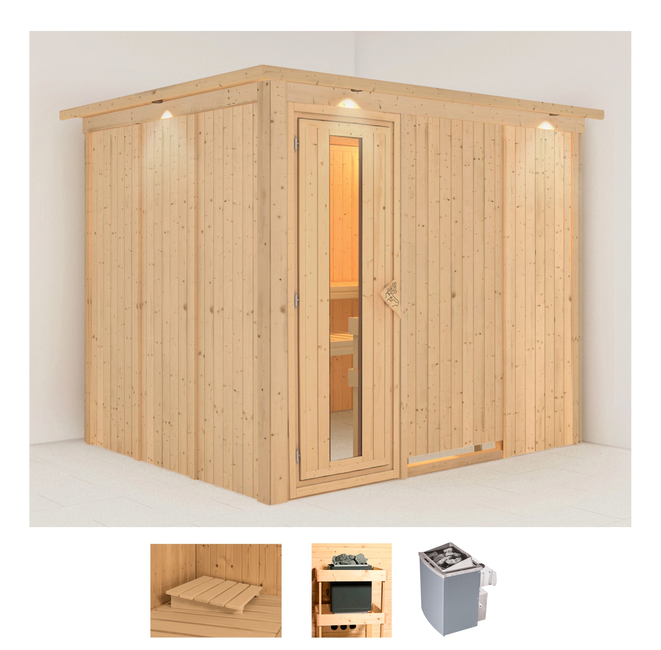 Sauna KARIBU "Gitte", beige (naturbelassen), Saunaofen, integrierte Steuerung, 9 kW, Saunen, Ofen 9 kW integr. Strg Image