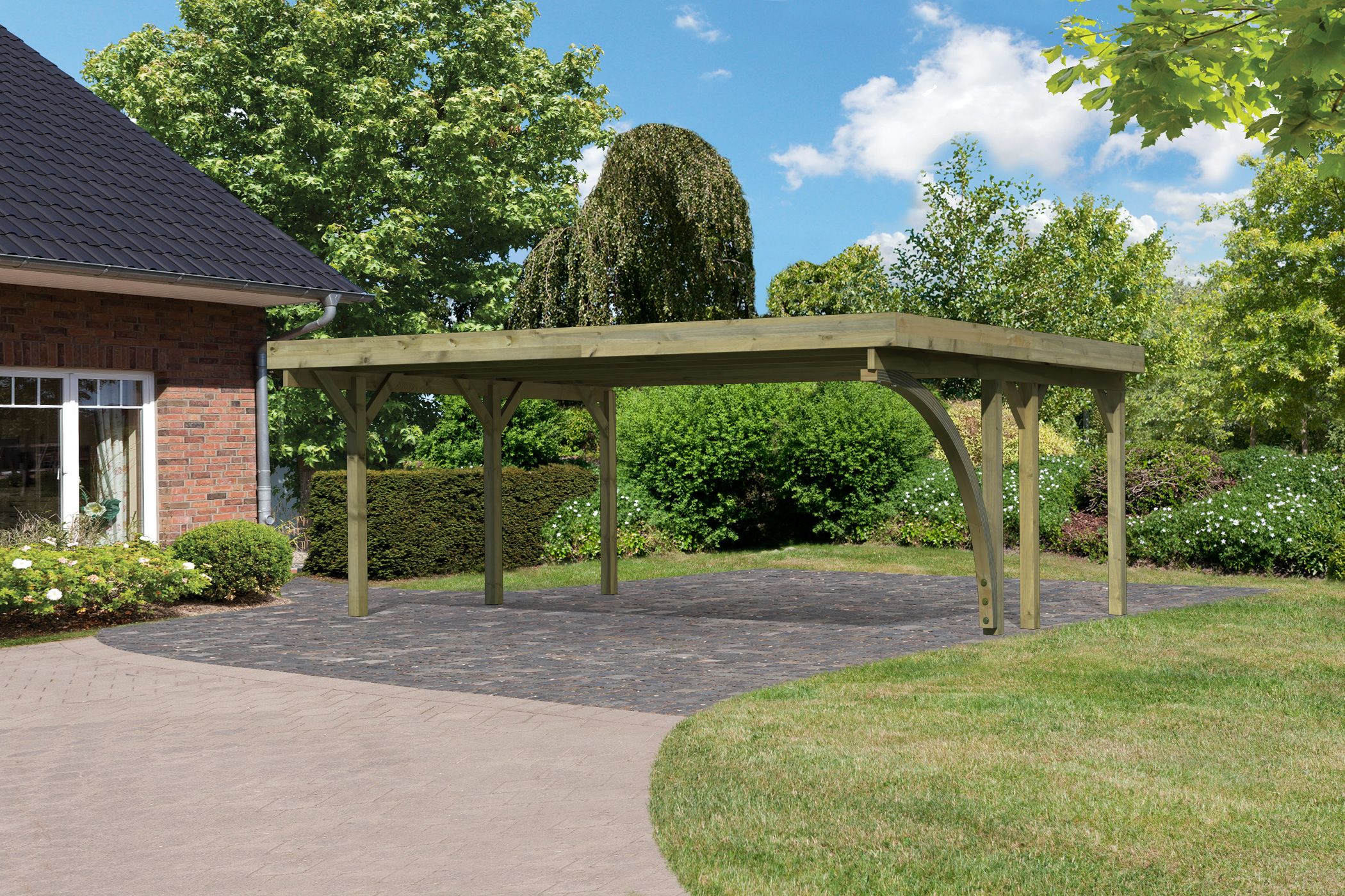 Einzelcarport KARIBU "»Classic 1 SET« Stahl-Dach Variante B, mit einem Einfahrtsbogen", kdi, B/H/T: 563cm x 206cm x 394,5cm, Carports, aus Masivholz Image