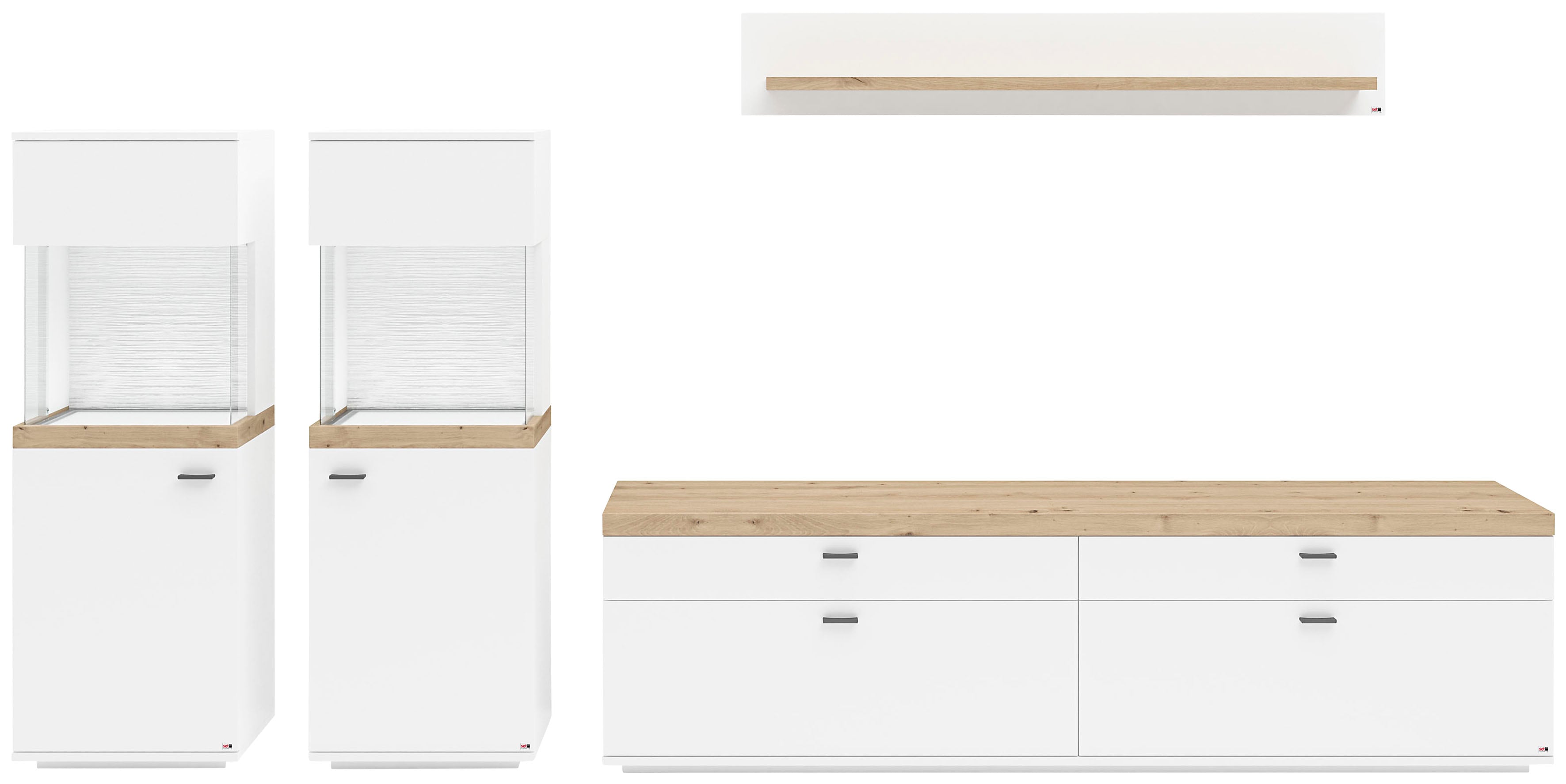 Wohnwand "Lancaster", weiß (weiß mit eiche artisan), B:330,2cm H:170cm T:43,6cm, SET ONE BY MUSTERRING, Kastenmöbel-Sets, 4-teilig mit Fronten in weiß oder grau, Breite ca.330cm