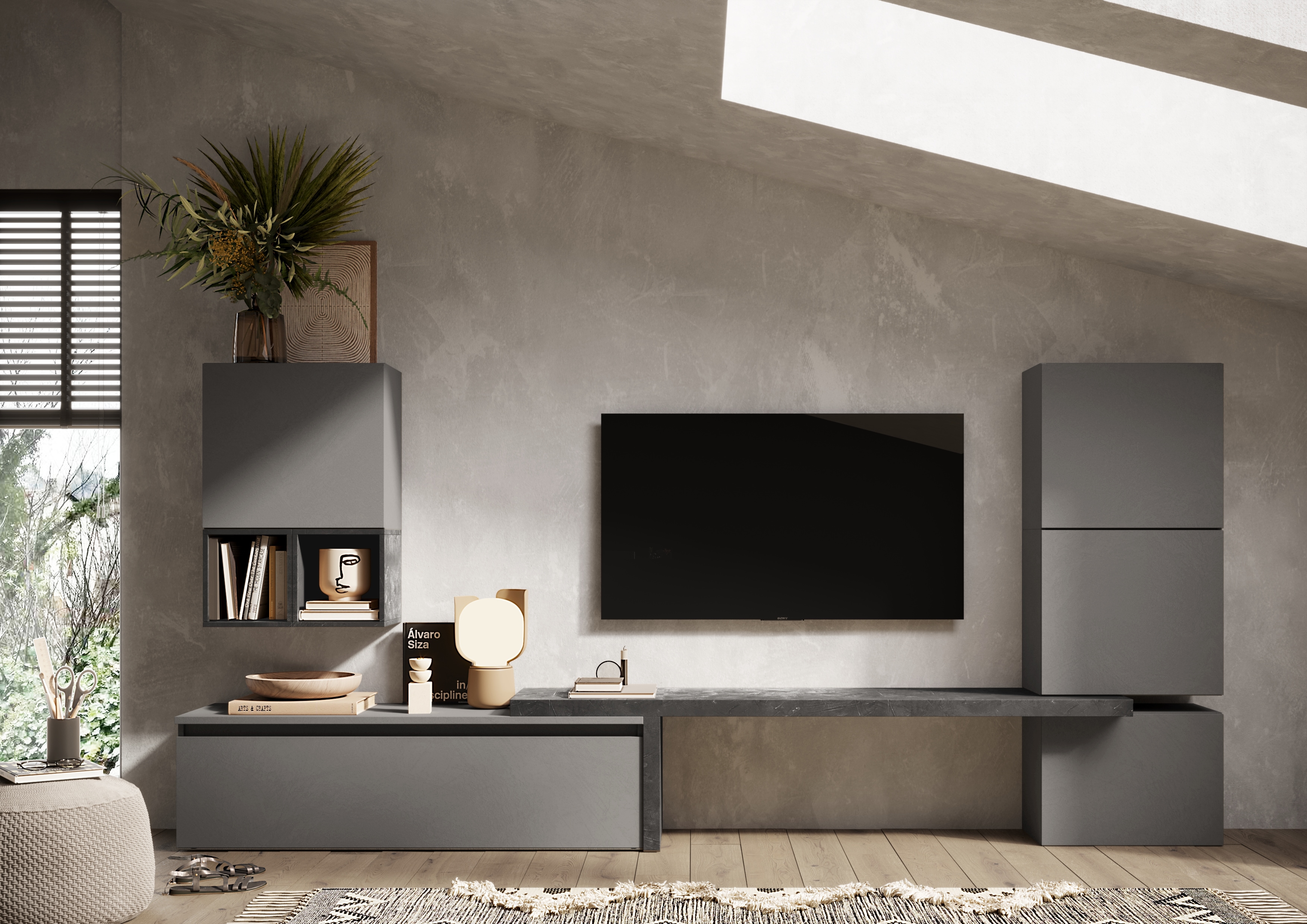 Wohnwand INOSIGN "Infinity, 7tlg. Breite 290 cm, Höhe variabel, Schrankwand, Anbauwand", grau (steingrau (ardesia), bleigrau (piombo)), B:290cm H:140cm T:40cm, Kastenmöbel-Sets, Wohnwand, (Lowboard, T-Boden, 3x Hängewürfel, Würfelregal Set,...