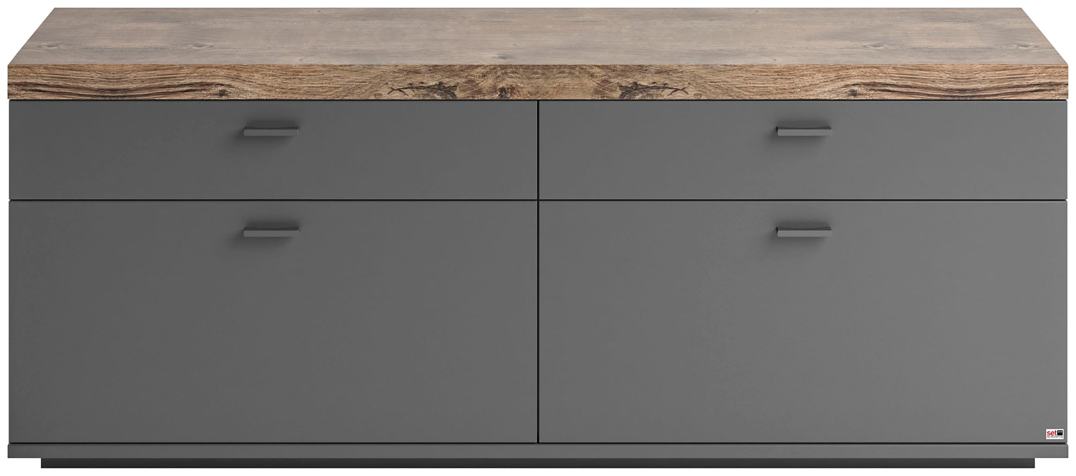 Lowboard "Lancaster", grau (grau mit eiche ribbeck cognac), B:150cm H:60cm T:43,8cm, SET ONE BY MUSTERRING, Sideboards, In 2 Breiten erhältlich, Rahmen in Eicheabsetzung, mit Schubkästen