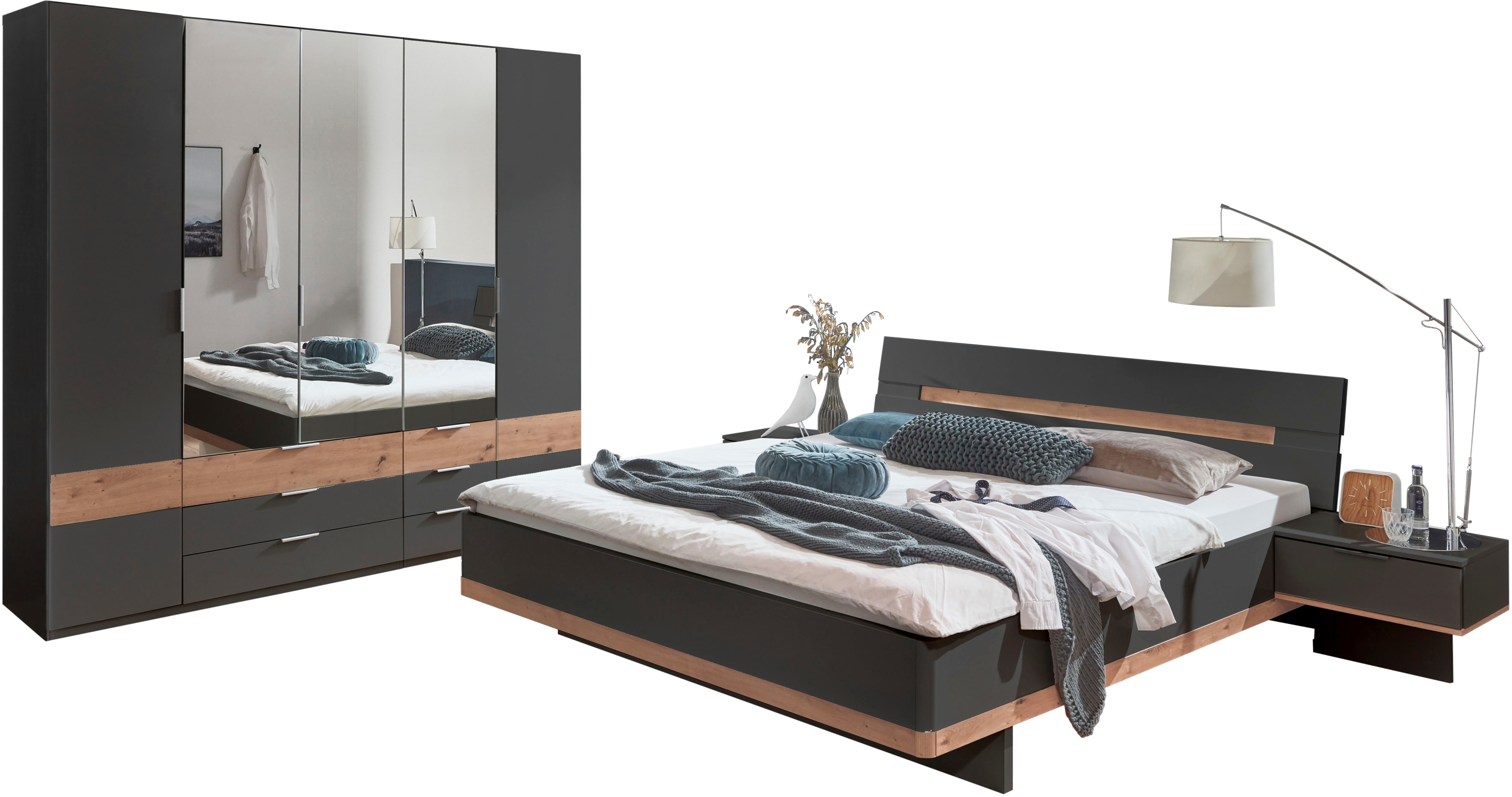 Komplettschlafzimmer WIMEX "Gibraltar", grau (graphit, absetzung artisan eiche nachbildung), B/H: 180cm x 200cm, Spanplatte, Schlafzimmermöbel-Sets Image