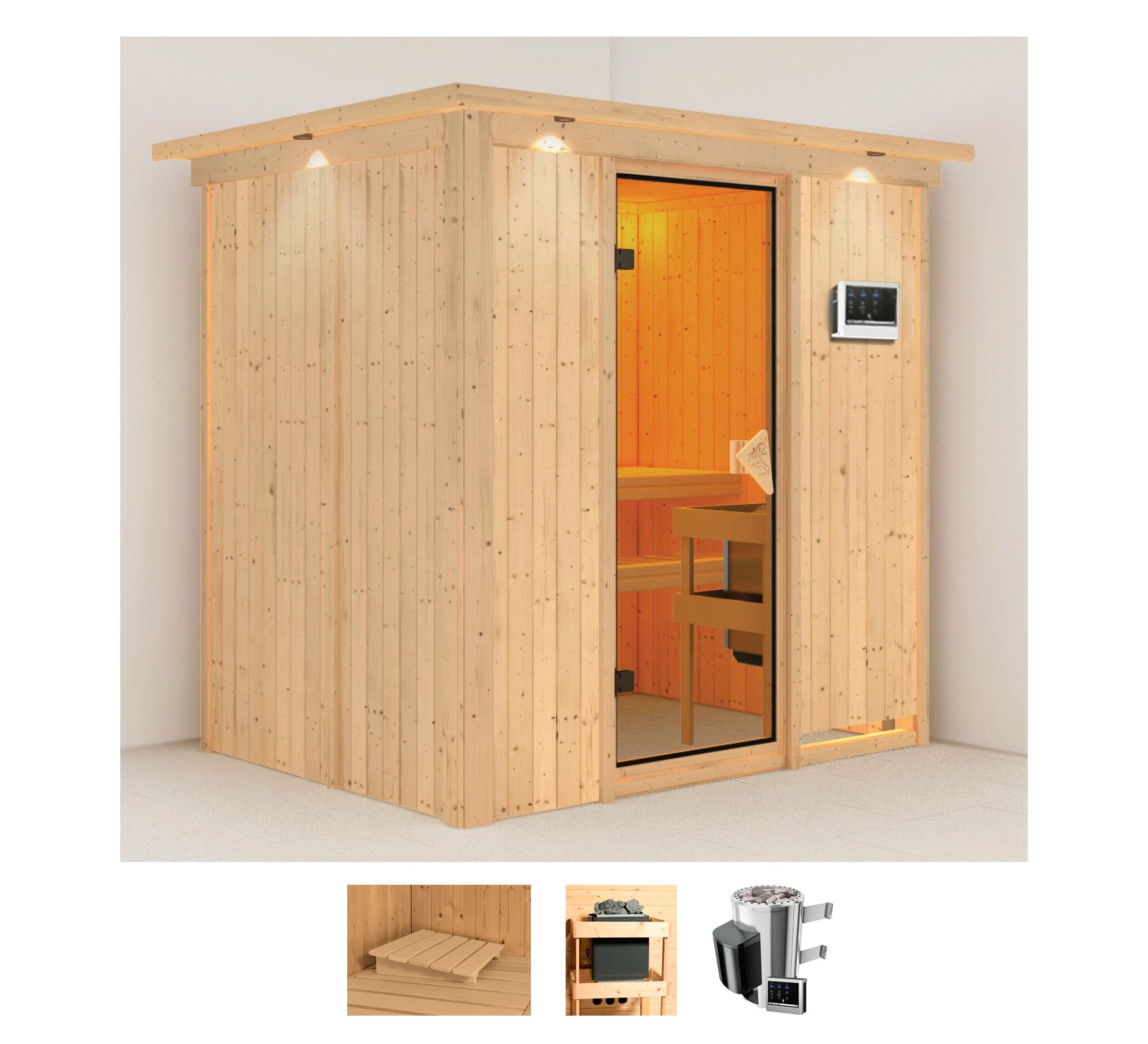 Sauna KARIBU "Finja", beige (naturbelassen), Saunaofen, externe Steuerung, 3,6 kW, Saunen, Ofen 3,6 kW externe Strg.easy