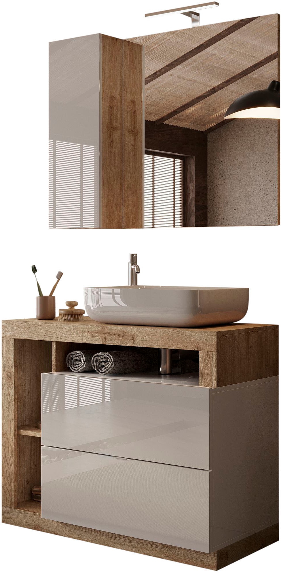 Badmöbel-Set WELLTIME "Hamburg, Badezimmerset 2tlg. Breite 92 cm, Badmöbel, Waschtisch inkl.", braun (weiß, eiche cadiz nb), B:92cm H:190cm T:49cm, Kastenmöbel-Sets, Badmöbel-Set, Waschbecken, Spiegelschrank mit LED Aufbauleuchte, Soft-Close-Funktion