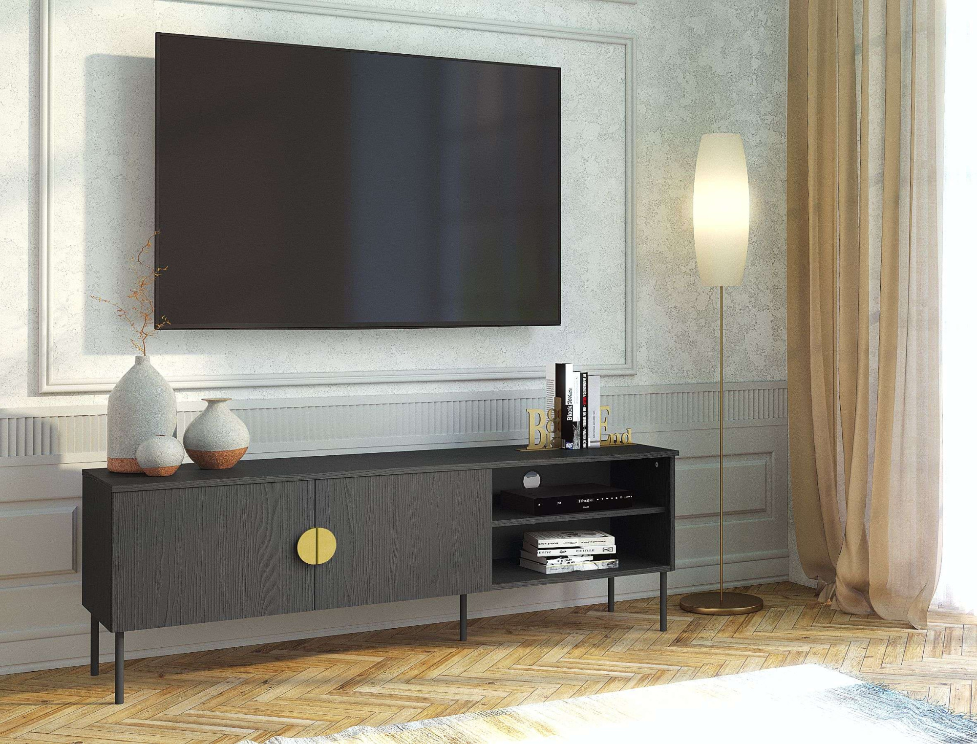 Lowboard HOME AFFAIRE "BELLOT TV-Schrank mit 2 Türen, Maße B/T/H: 160/40/53,6 cm", schwarz, B:160cm H:53,6cm T:40cm, Melamin, Sideboards, Lowboard, schwarze Farbe, mit holzähnlicher Struktur