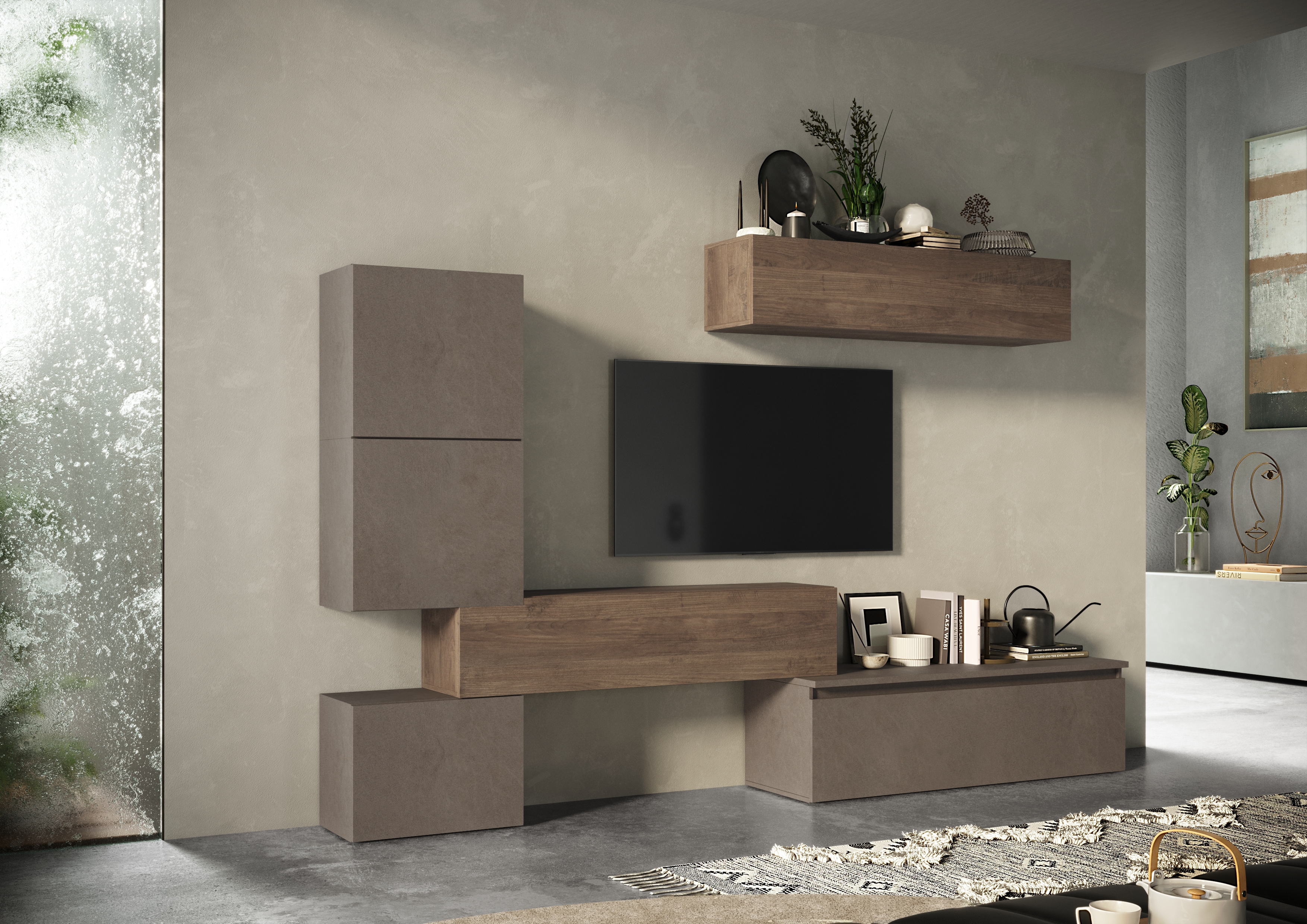 Wohnwand INOSIGN "Infinity, 6tlg. Breite 290 cm, Höhe variabel, Schrankwand, (Lowboard", braun (bronzo, mercure nb holzstruktur), B:290cm H:190cm T:40cm, Kastenmöbel-Sets, Lowboard hängend, Hängeschrank, 2x Hängewürfel, Würfel-Element)