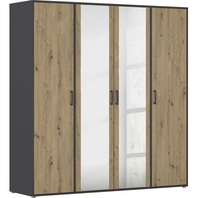 Drehtürenschrank RAUCH "Kleiderschrank Schrank Garderobe Wäscheschrank VOYAGER", grau (graumetallic, eiche artisan), B:187cm H:194cm T:53cm, Holzwerkstoff, Schränke, mit modernen Griffen in Graumetallic und Spiegel Image