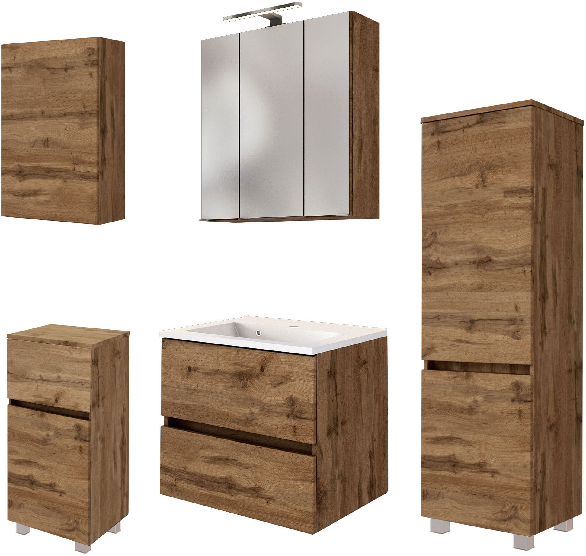 Badmöbel-Set WELLTIME "Welltime Möbel Baabe Waschtisch-Set 3tlg. oder 5tlg.", braun (wotaneiche), Set 9 5tlg.: Waschtisch 60cm breit, Spiegelschrank 60cm breit, Hängeschrank, Unterschrank, Midischrank, Holzwerkstoff, Kastenmöbel-Sets, Badmöbel-Set,...