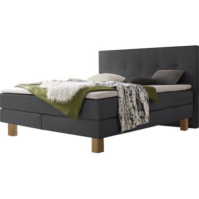 Boxspringbett HASENA "Lodge", braun (anthrazit, eiche bianco), B:148cm L:210cm, Komplettbetten, Boxspringbett, Boxspringbett, Eichenfüsse, straffe Bezüge, gestepptes Kopfteil Image