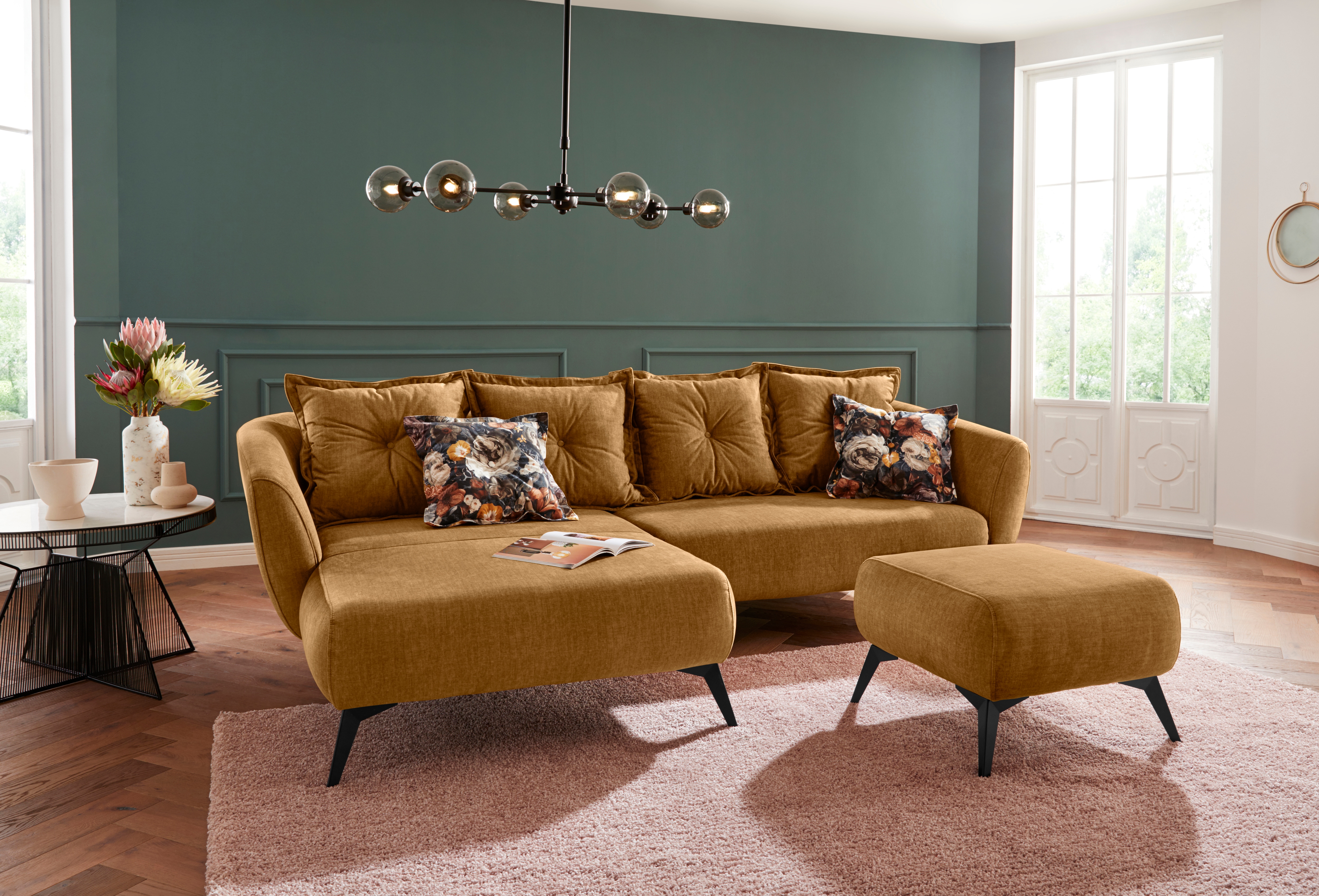 Ecksofa HOME AFFAIRE "Baggio romantische Polsterecke, bequem, Breite 277 cm, L-Form", gelb, B:277cm H:80cm T:162cm, Sofas, Ecksofa, Zierkissen inklusive, schwarze Metallfüße