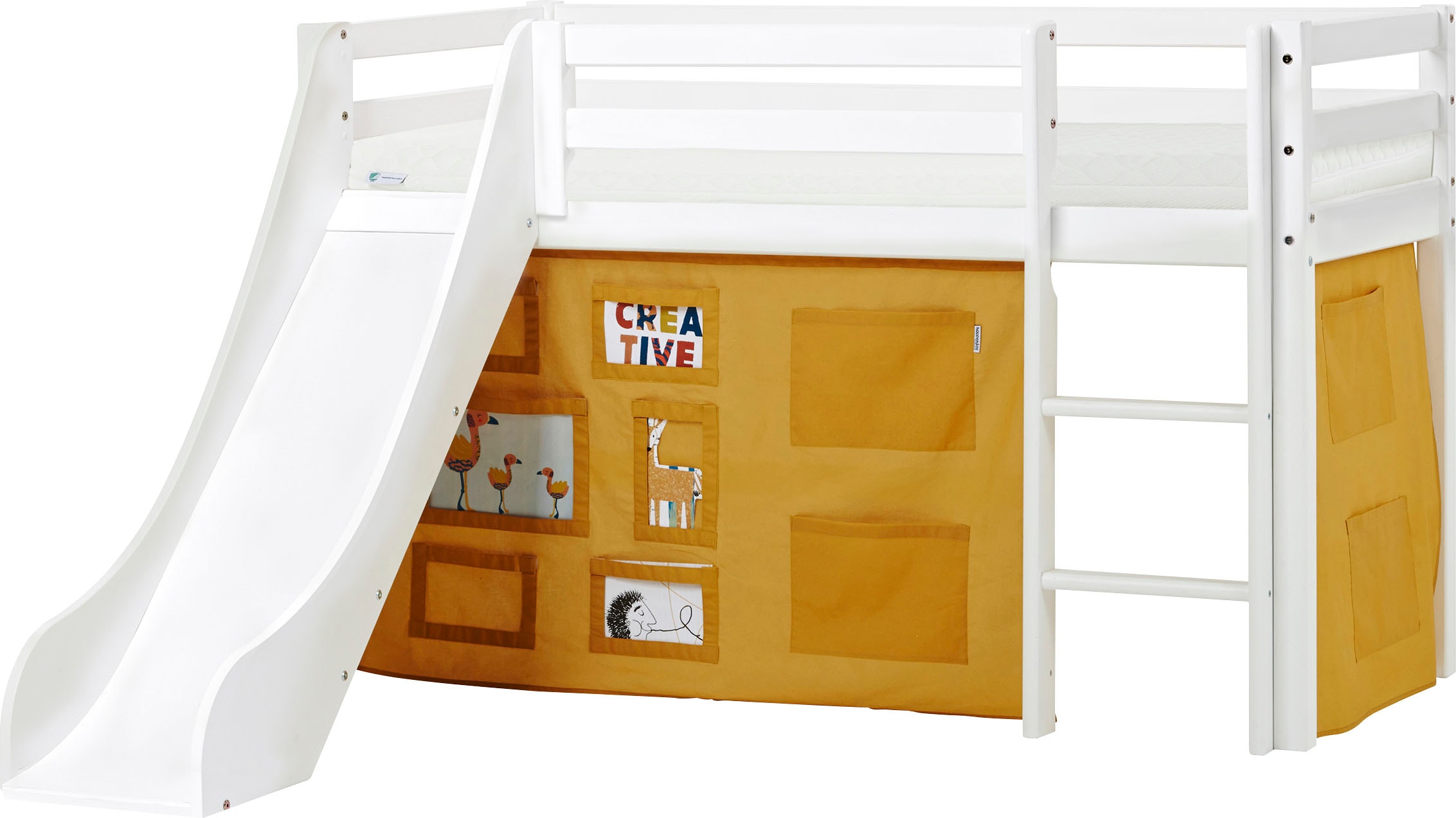 Hochbett HOPPEKIDS "«Creator Autumn Yellow»", weiß (weiß, autumn gelb, weiß, weiß), B:81 H:9 L:168, Bett: 100% Massivholz, Nordische Kiefer;Rutsche: MDF;Vorhang: 100% Baumwolle;Matratze: Waterlily-Schaum mit vertikalen... Image