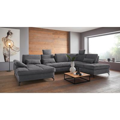 Wohnlandschaft PLACES OF STYLE "Costello U-Form, mit Sitztiefenverstellung, Armteilverstellung und", grau, B:363cm H:89cm T:223cm, 100% Polyester, Samtoptik (100% Polyester), Sofas, 3 Nierenkissen, optional Bettfunktion und Bettkasten Image