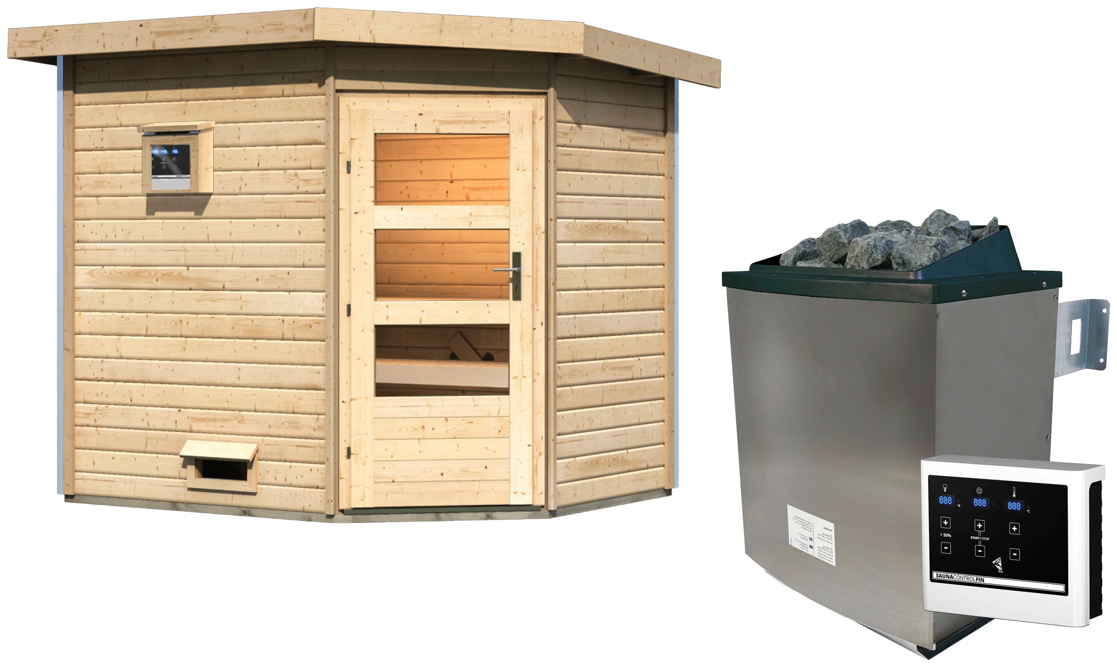 Saunahaus KARIBU "Tore", beige (naturbelassen), Saunaofen, externe Steuerung, 9 kW, Saunen, Ofen 9 KW externe Strg easy Image