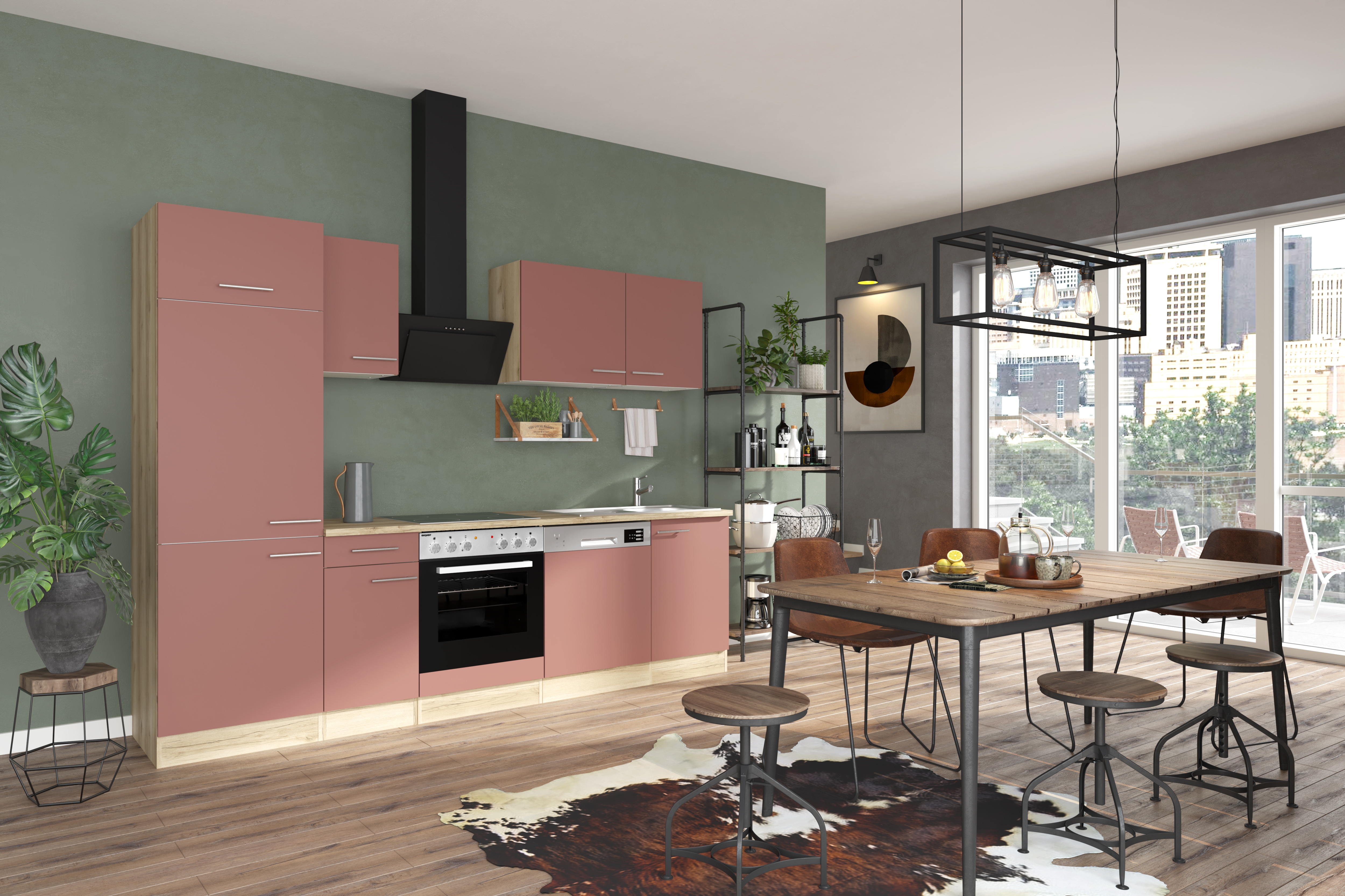 Küche OPTIFIT "Bella", rot (küche: rot, front: rostrot, korpus: wildeichefarben, arbeitsplatte: wildeichefarben), B:270cm T:60cm, Komplettküchen-Sets, Breite 270 cm, wahlweise mit E-Geräten