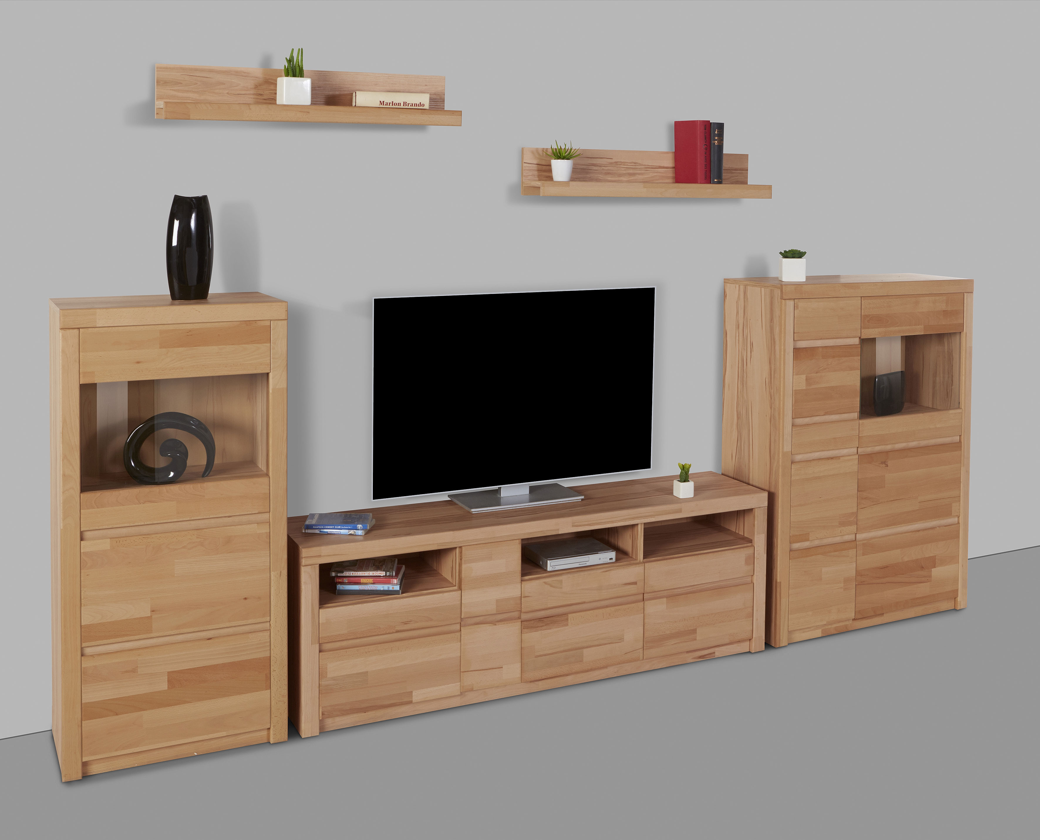 Wohnwand HOME AFFAIRE "Silkeborg", beige (kernbuche teilmassiv), Holzwerkstoff Kernbuchefarben (Korpus)/ Massivholz Kernbuche (Front), Holz teilmassiv, Kastenmöbel-Sets, teilmassiv mit schöner griffloser Optik