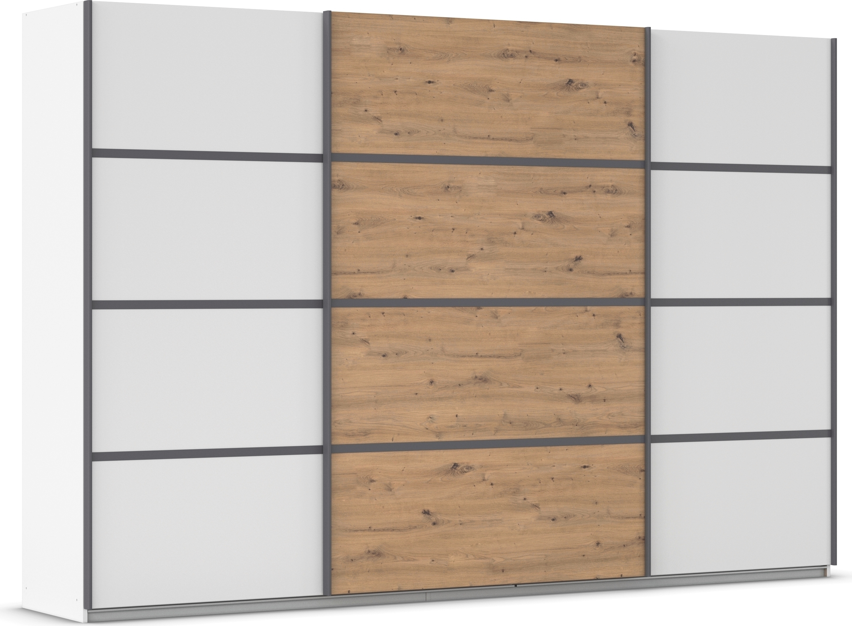 Kleiderschrank RAUCH "Schwebetürenschrank OTTO´s Choice Garderobe Schrank TOP ANGEBOT Avola", weiß (alpinweiß, eiche artisan, leisten graumetallic), B:315cm H:210cm T:62cm, Holzwerkstoff, Schränke, mit eleganten Zierleisten in Chrom, Schwarz oder... Image