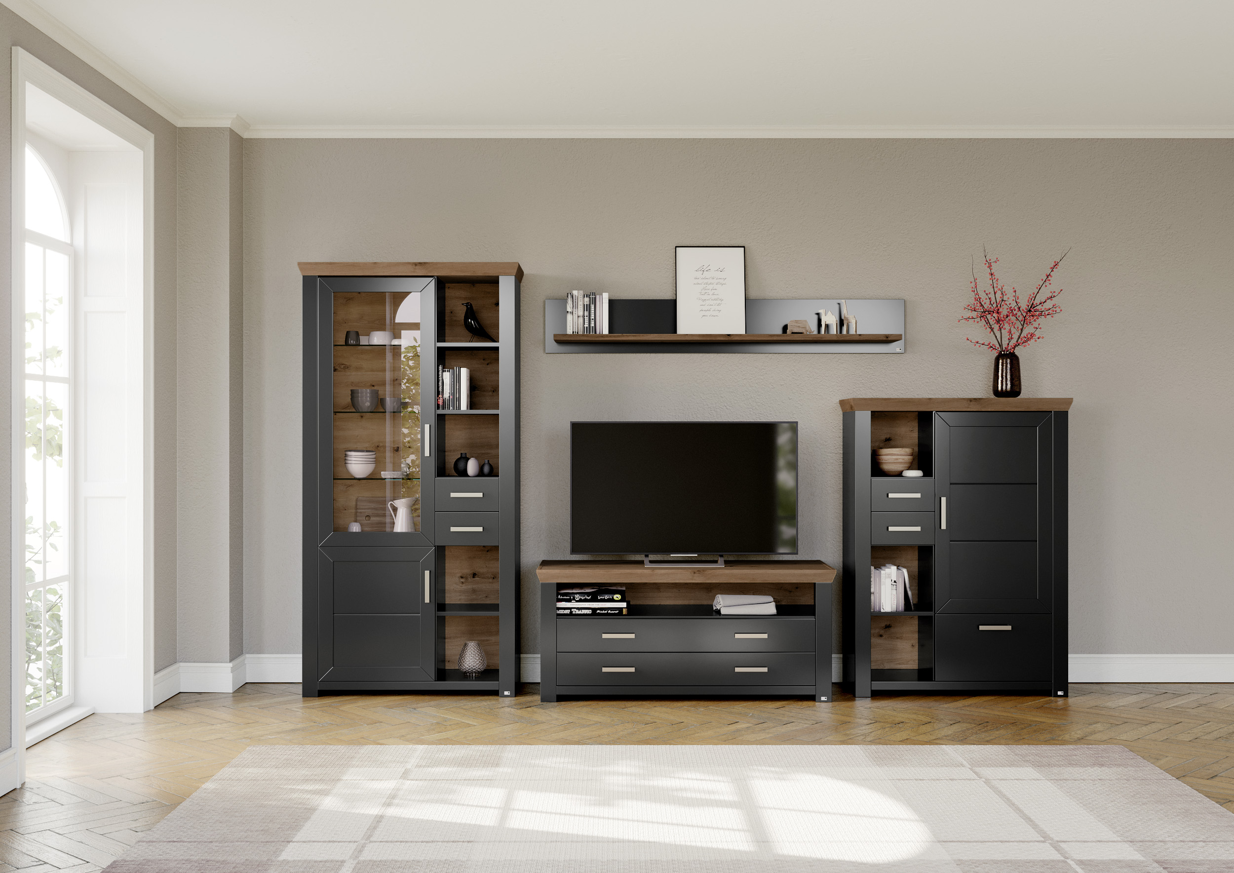 Wohnwand "York", grau (grau, eiche), B:370cm H:207cm T:51cm, Spanplatte, SET ONE BY MUSTERRING, Kastenmöbel-Sets, Kombination mit 4 Teilen, in 3 Farbvarianten, Gesamtbreite 370 cm