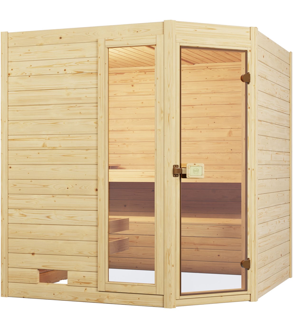 Sauna WEKA "Massivholzsauna VALIDA Eck 1.8", beige (natur), Saunaofen, integrierte Steuerung, 5,4 kW, Saunen, Blockbohlen, Fensterelement, moderne Ganzglastür