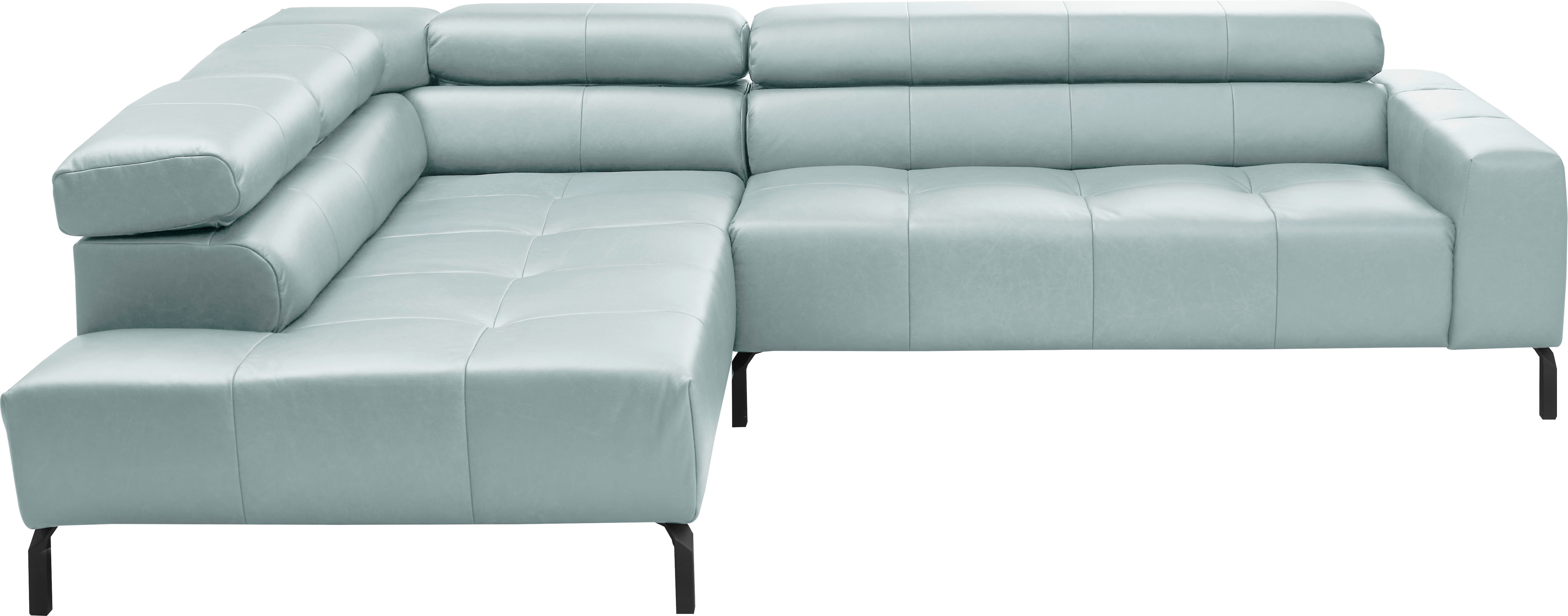 Ecksofa HOME AFFAIRE "Claya, L-Form, incl. Kopfteilverstellung, Breite 276 cm", blau (light, blau), B:276cm H:71cm T:219cm, 100% Leder, Sofas, Ecksofa, wahlweise elektrischer Sitzvorzug