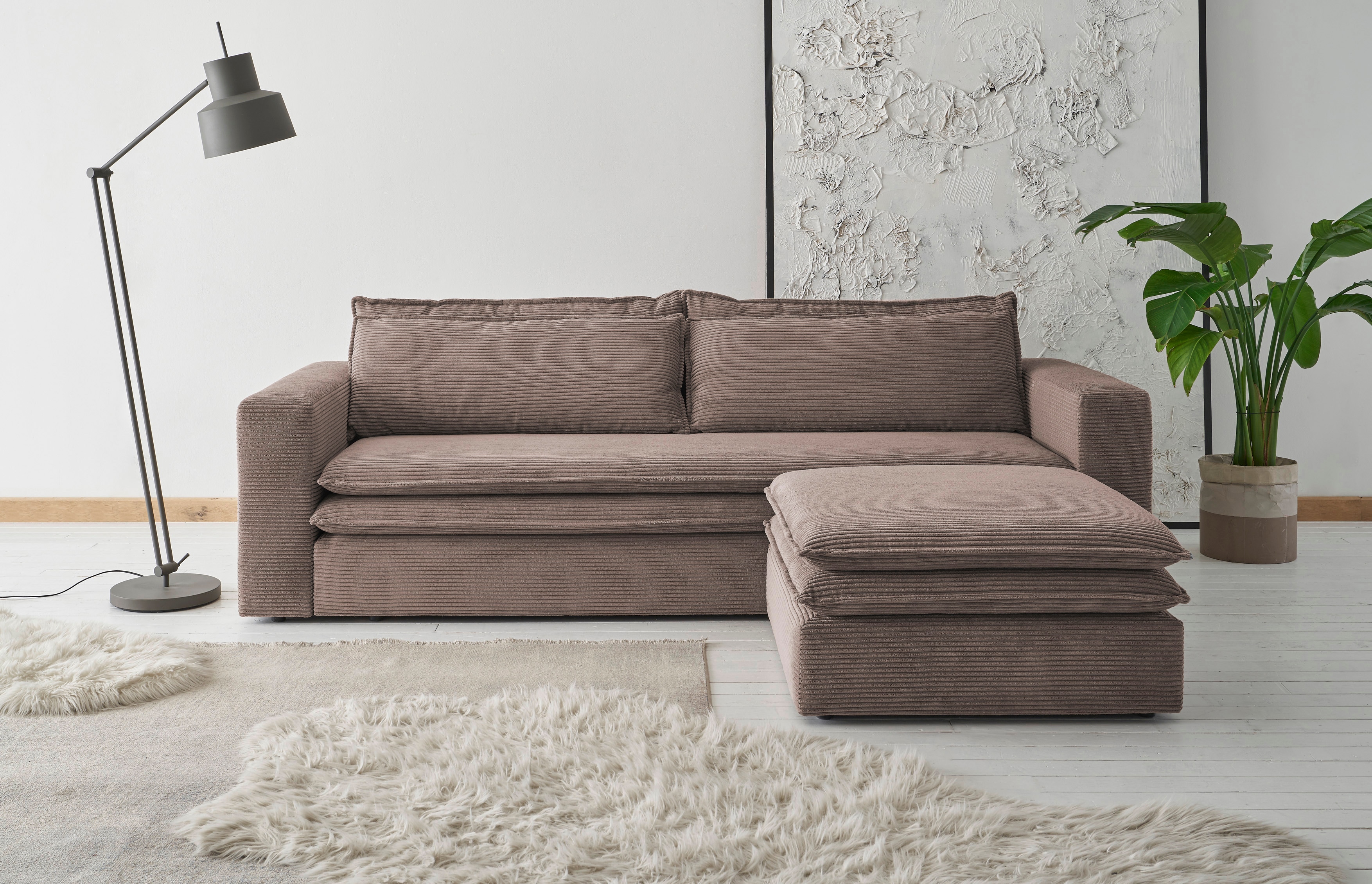 Sitzgruppe PLACES OF STYLE "PIAGGE", braun (hellbraun,), B:244cm H:82cm T:180cm, Sitzmöbel-Sets, 3-Sitzer-Sofa mit Bettfunktion und Loveseat-Hocker im Set