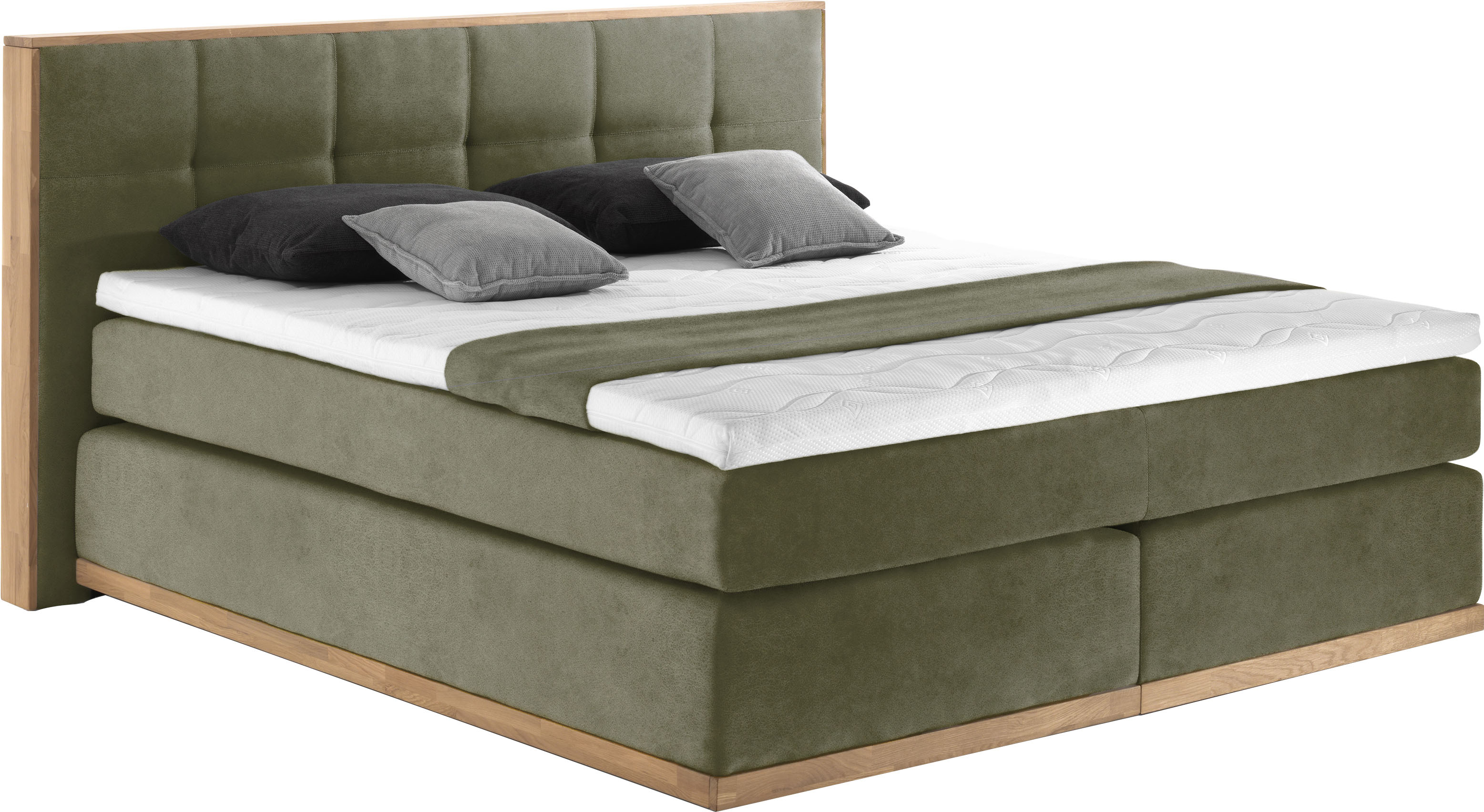 Boxspringbett PLACES OF STYLE "Vinton", grün (olive), B:220cm L:213cm, Komplettbetten, Boxspringbett, aus massiver Eiche, verschiedene Härtegrade (auch H4), Topseller Image
