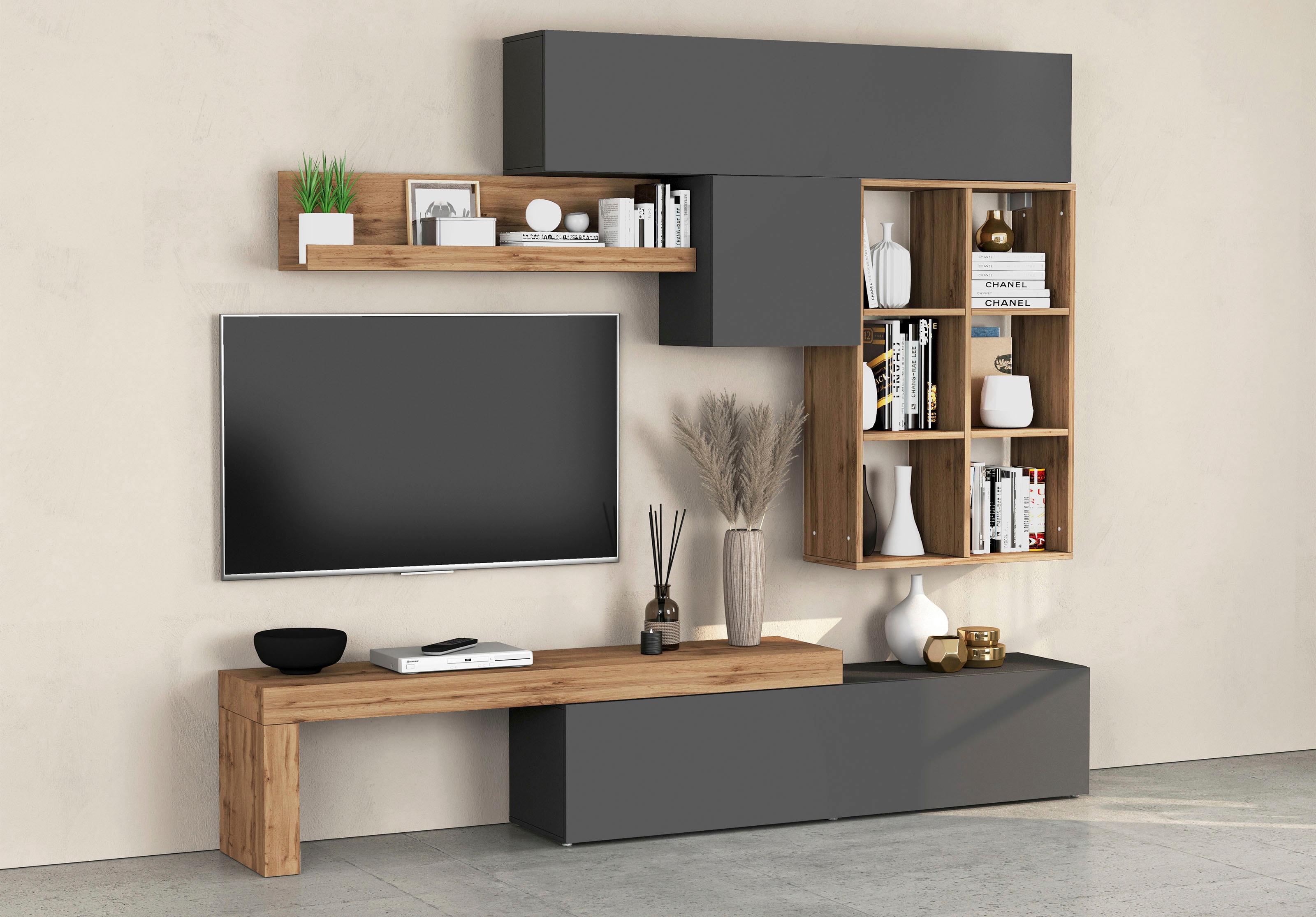 Wohnwand INOSIGN "Chronos Wohnwand, Medienwand, 5-er set", grau (anthrazit, eiche wotan), Holzwerkstoff, Kastenmöbel-Sets, ca. 270 cm mit Hängeschränke, Würfel, Regal, Lowboard, Made in Italy