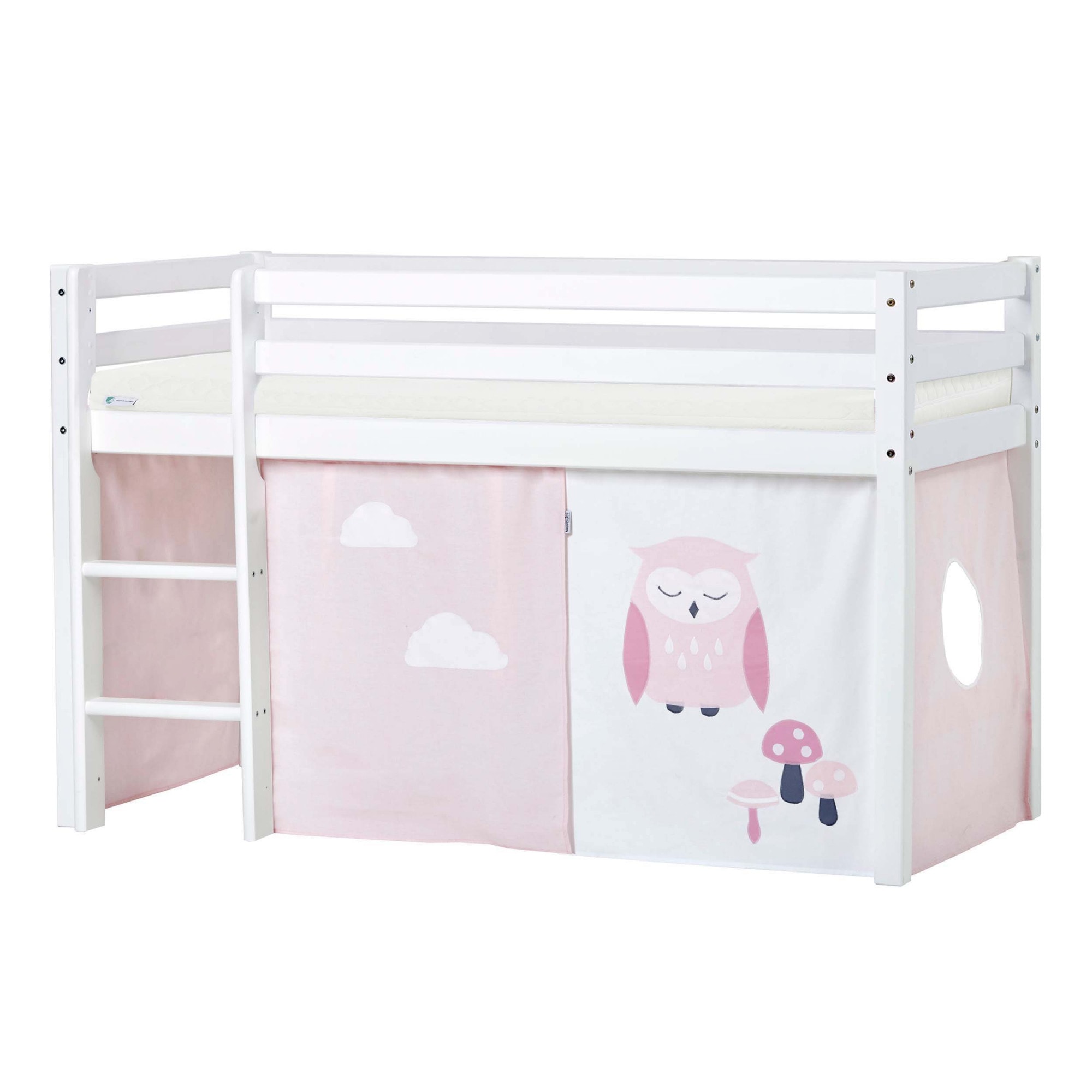 Hochbett HOPPEKIDS "ECO Dream, Kinderbett, Spielbett, Halbhohes Bett aus Massivholz", rosa (weiß, eule rot), B:81cm H:105cm L:168cm, Kinderbett: 100% Massivholz: Nordische Kiefer, Vorhang: 100% Baumwolle, Matratzenbezug: 77% Polyester, 23%...