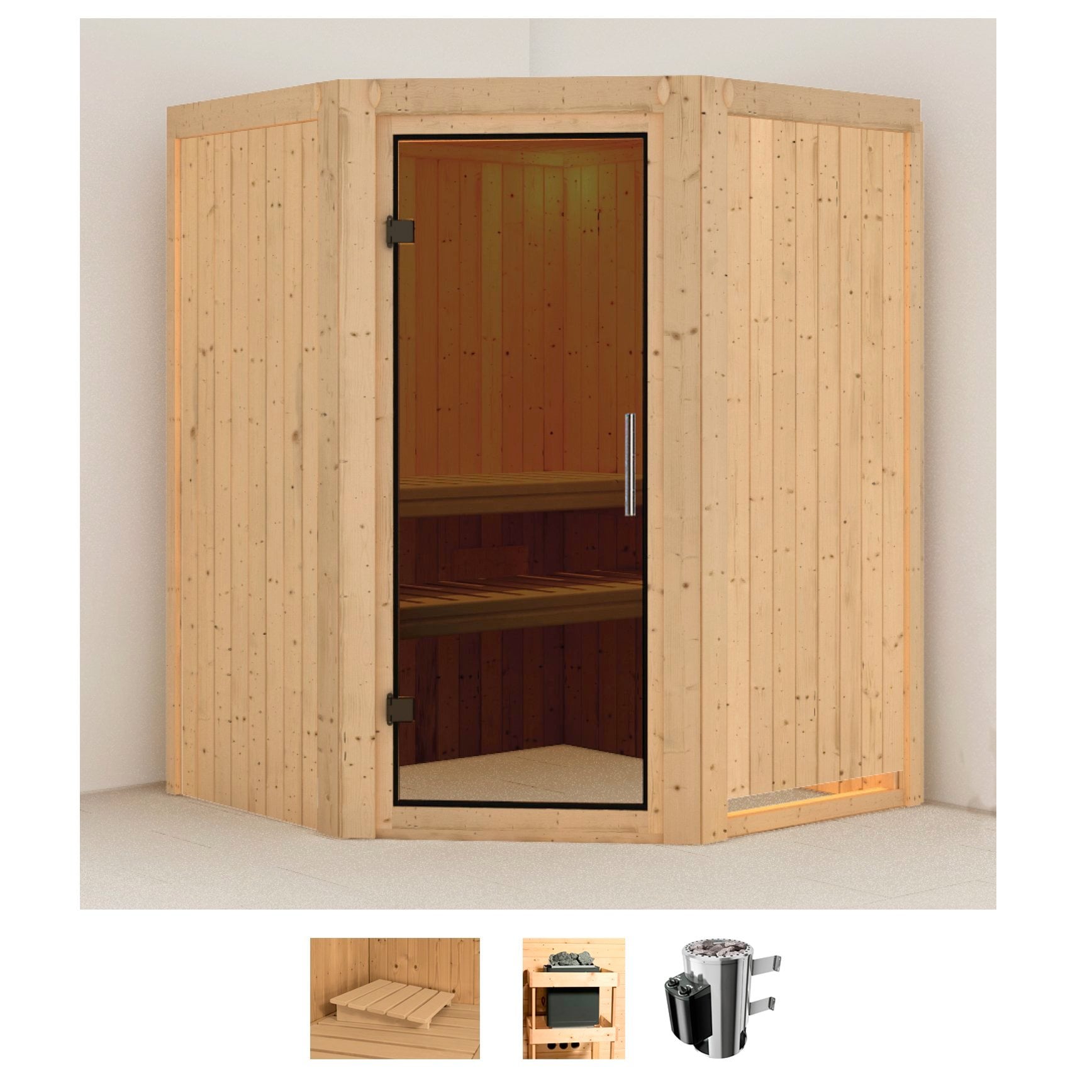 Sauna KARIBU "Nanna", beige (naturbelassen), Saunaofen, integrierte Steuerung, 3,6 kW, Saunen, 3,6-kW-Plug & Play Ofen mit integrierter Steuerung Image